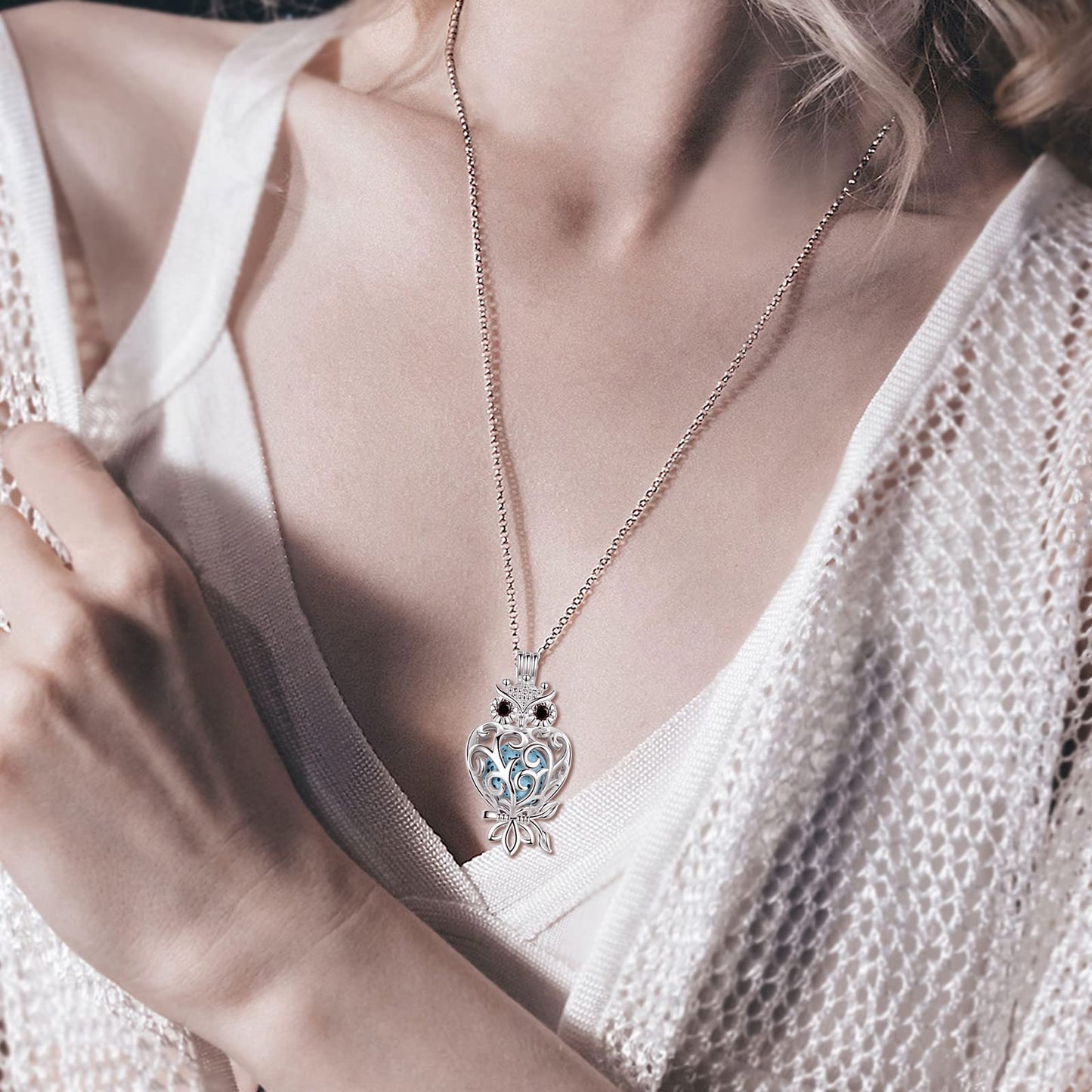 INFUSEU Owl Necklaces for Women Aromatherapy Essential Oil Diffuser Jewelry Lava Rock Stone Pendant Spiritual Animal Items Unique Aroma Perfume Gifts for Owl Lovers Meditation Yoga
