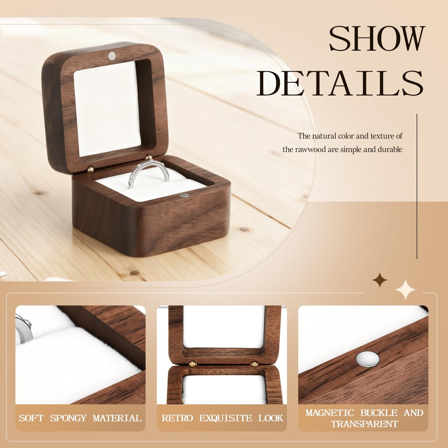 Loetere 6 Pcs Square Wooden Ring Boxes for Wedding Ceremony Proposal Mini Engagement Ring Gift Holder Single Slot Small Vintage Cases Handmade Retro Solid Rustic Jewelry Storage Box (White)