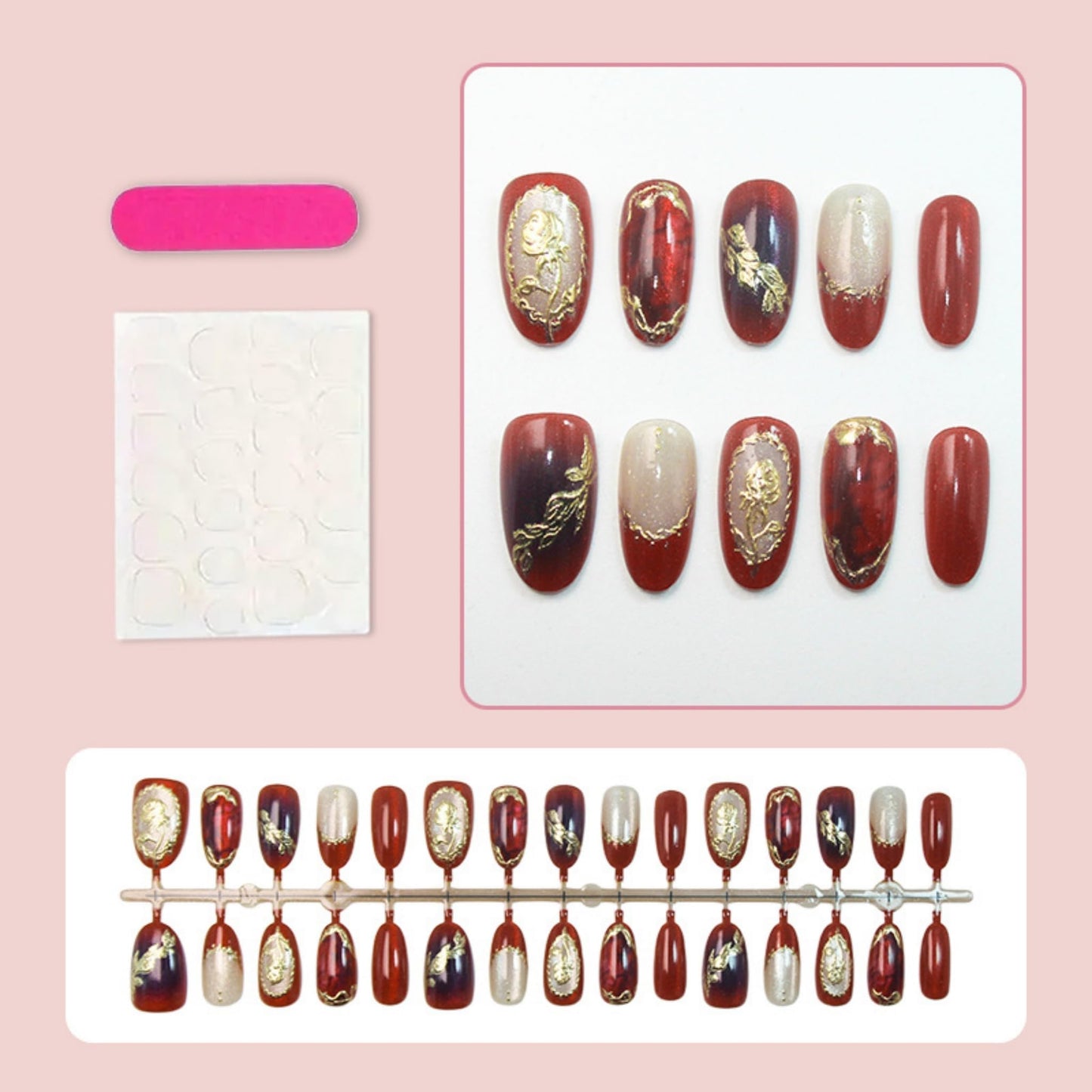 Medium Press on Nails Almond Fake Nails Red Artificial Nail Gold Charm Designs Flowers Stick on Nail for Women 30pcs