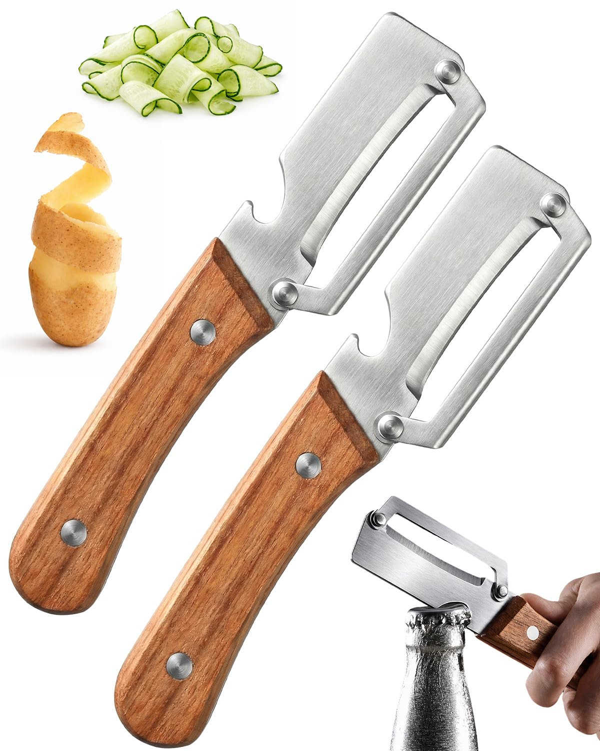Multi Functional Vegetable Peeler with Wooden Handle and Bottle Opener, Stainless Steel Kitchen Peeler Tool for Potato Apple Pumpkin Papaya, Premium Single Blade Food Peelers (2pcs)