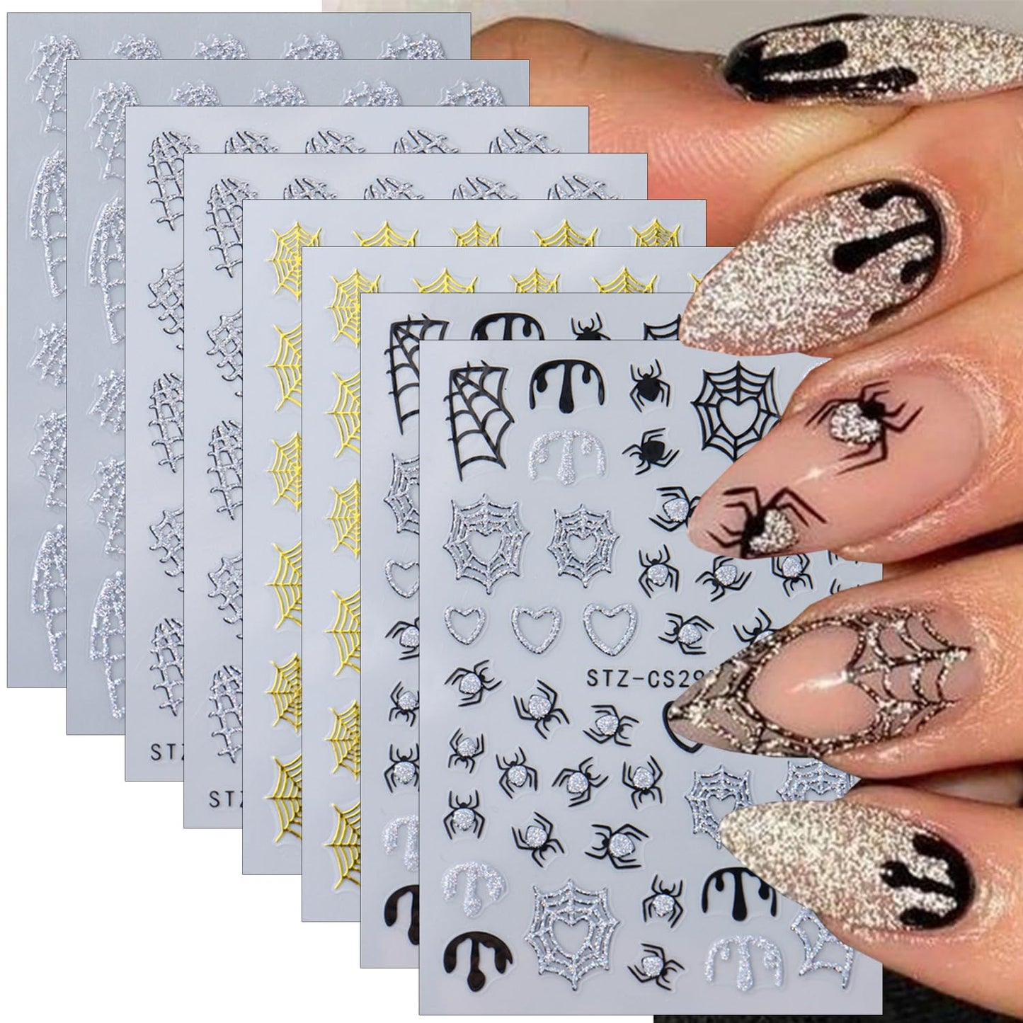 8Sheets Halloween 3D Glitter Spider Nail Art Stickers - Self-Adhesive Black Gold Silver Spider Web Decals - Luxury Gothic Design for Women DIY Nail Decoration