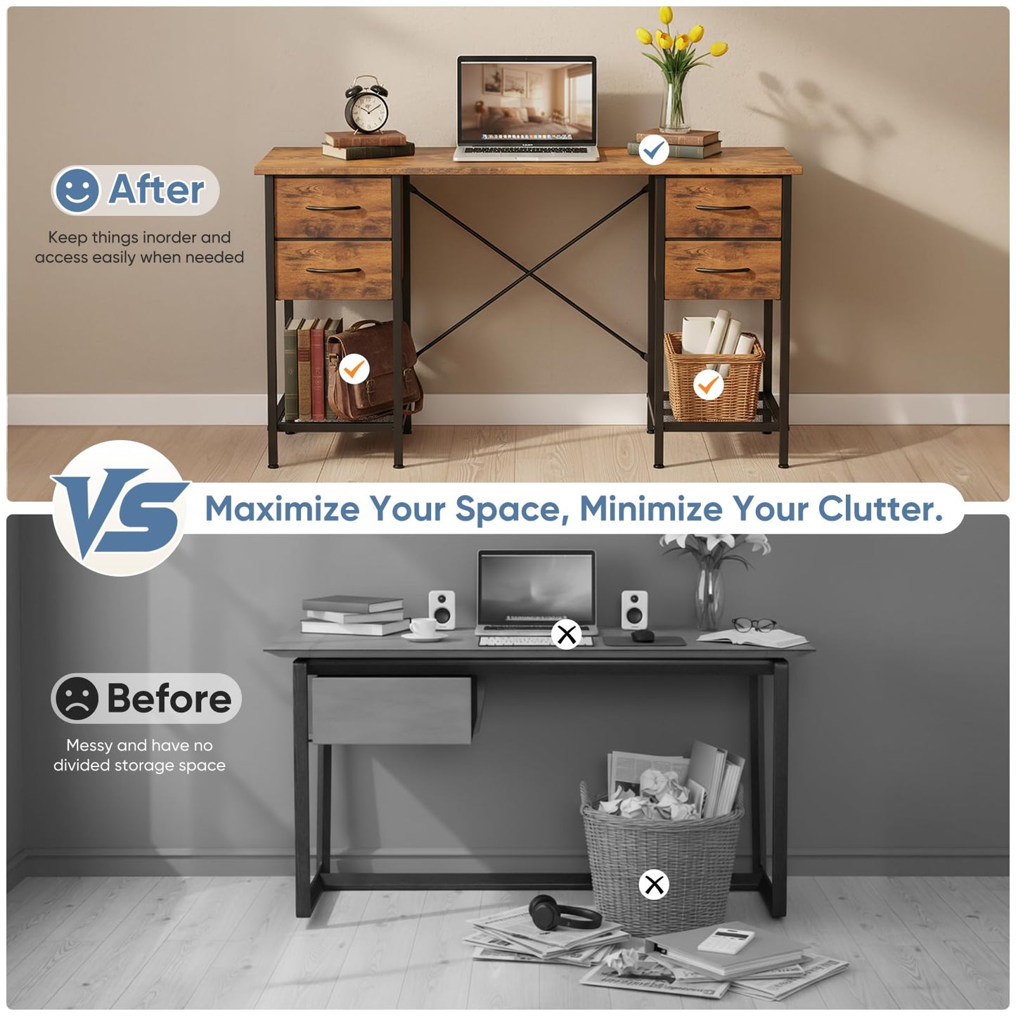 Sweetcrispy Computer Desk with Drawers, 55 Inch Home Office Bedroom Table with 4 Fabric Drawers & 2 Mesh Storage Shelves, Wood Table with X-Shaped Structure for Writing Study PC Desk, Brown