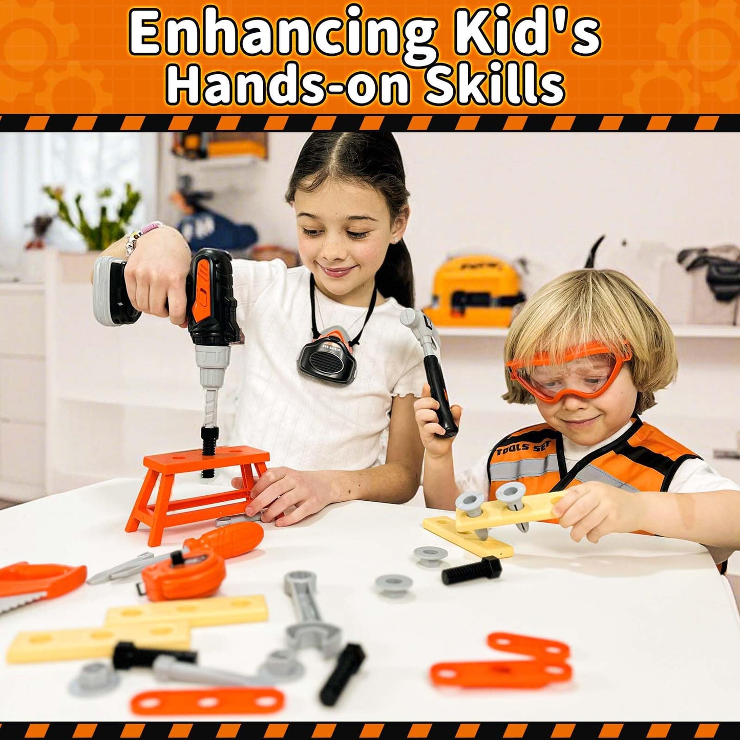 KidBloom Toddler Tool Set, Kids Tool Set with Toy Drill, Tools for Kids with Tool Box and Vest, Toys for 3 Year Old Boys