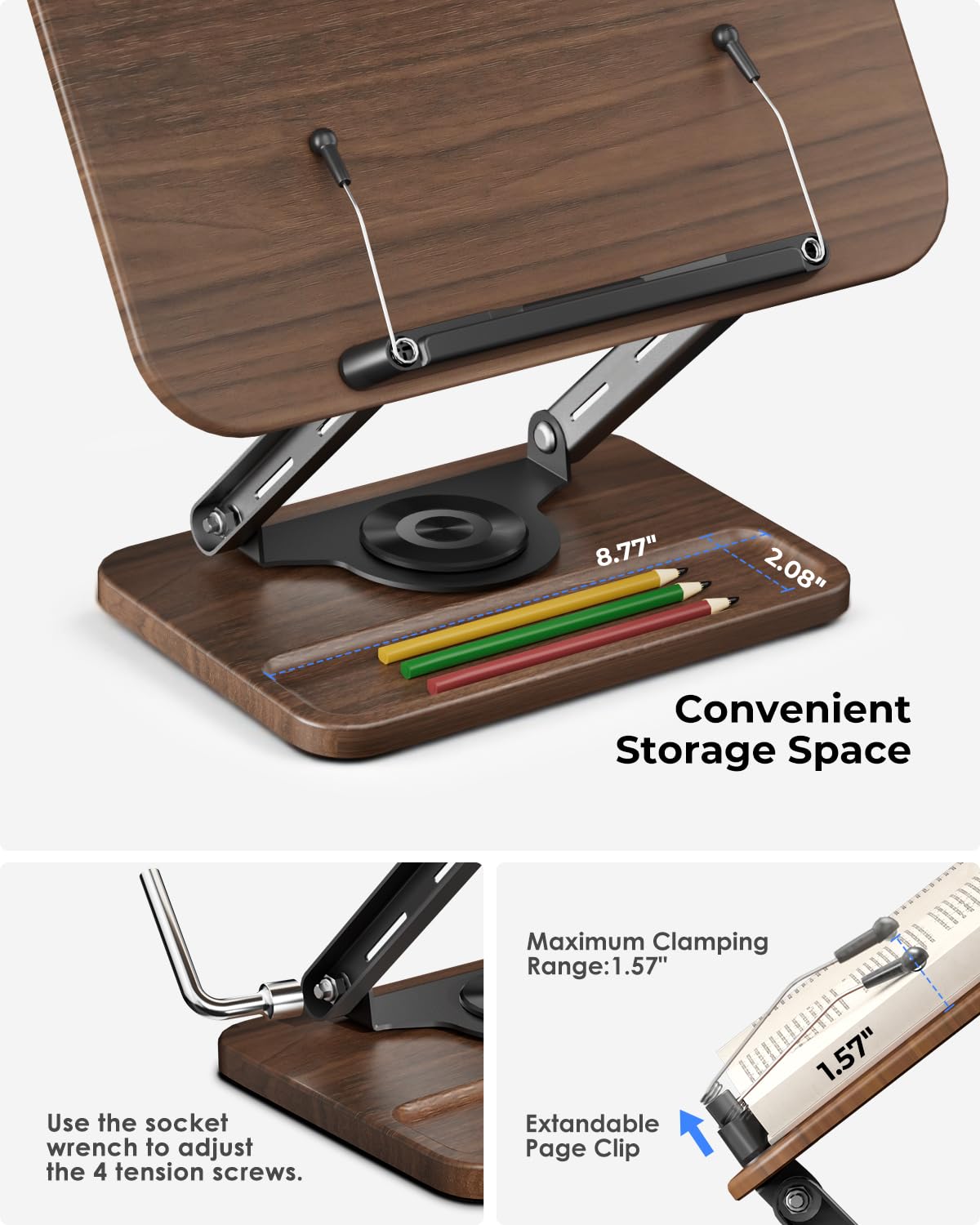 Viozon Book Stand for Reading, Book Holder 360° Rotating Base with Pen Slot, Foldable Reading Display Stand with Elastic Page Clips for Cookbook, Recipe, Textbook, Tablet, Laptop