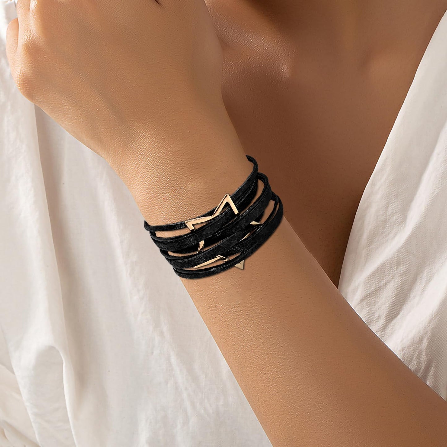Leopard Bracelet for Women, Boho Leather Wrap Multi-Layer Pearl Crystal Bracelet Bangle Jewelry (Star Leather(Black))