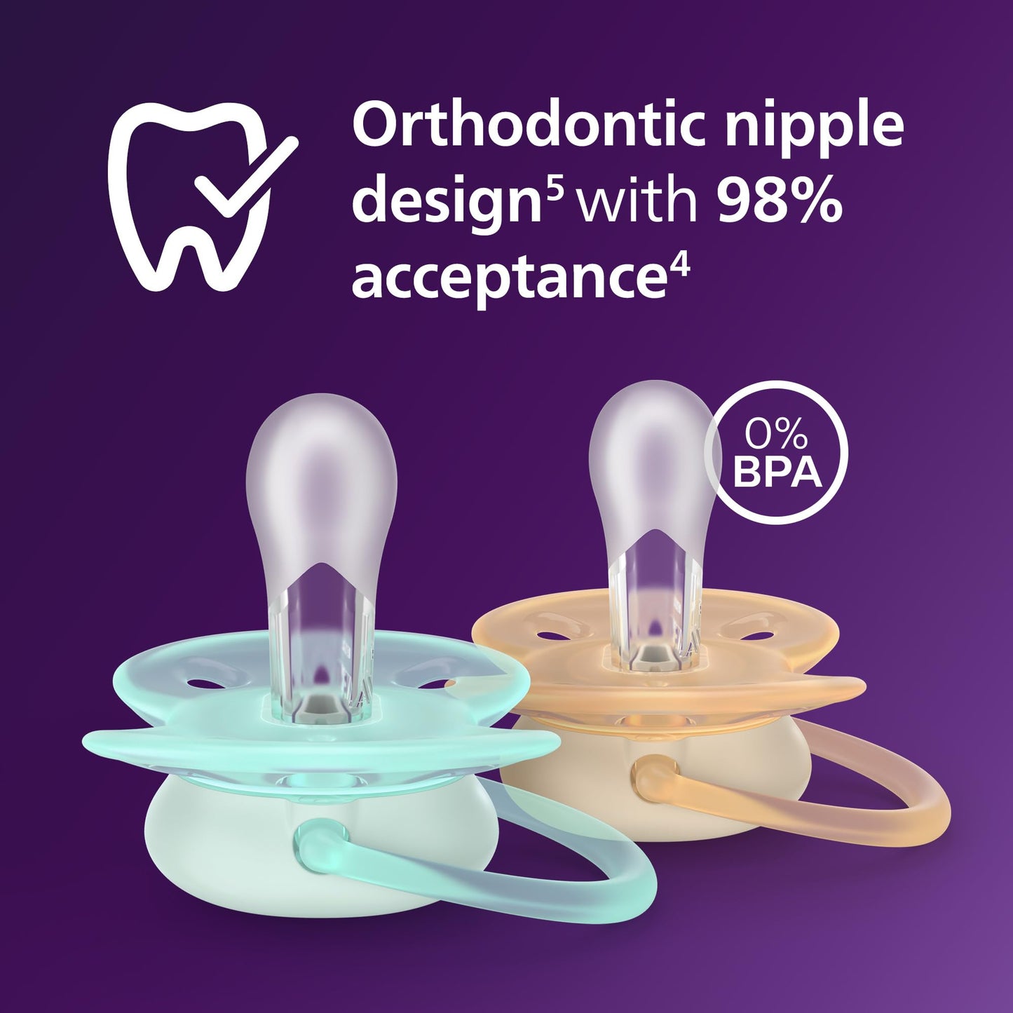 Philips Avent Ultra Soft Pacifiers - Orthodontic Design, for Babies 0-6 Months, Flexible Shield, Silicone Symmetrical Nipple, BPA-Free, 2 Sterilizing Cases, 4 Pack, SCF091/48