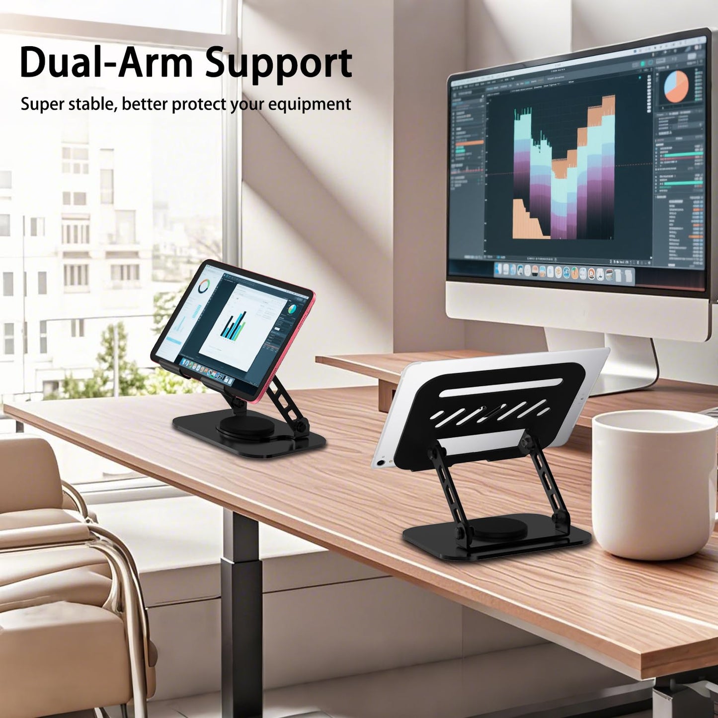 TAPMEI Tablet Stand, 360° Rotation Dual-Arm Support iPad Holder Office Desk Accessories, Foldable iPad Air Holder Travel Accessories for Desk Men Gifts Fits All 4-16" Tablet (Black)