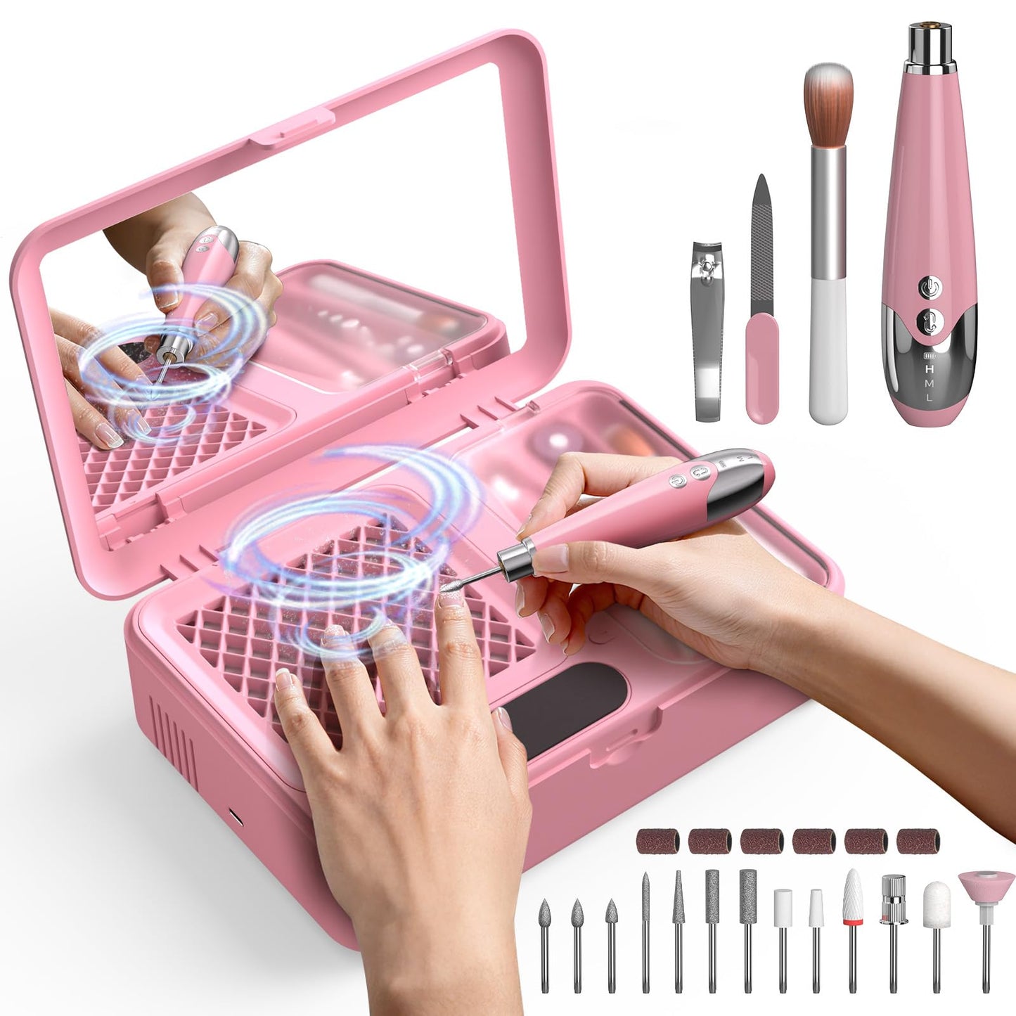 Nail Dust Collector and Cordless Electric Nail Drill File Kit, Professional Portable Manicure Pedicure, 13 Bits, HPro Powerful Dust Suction Machine for Home Salon - Pink