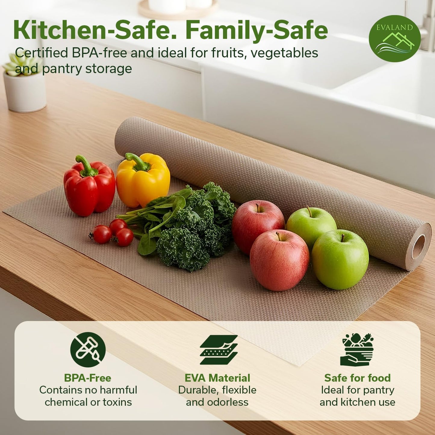 EVALAND Shelf Liners for Kitchen Cabinets Non-Adhesive 17.7" x 33 FT Beige Drawer Liner Non Slip, Washable Cabinet Liner, Waterproof Shelf Liners for Cabinets, Refrigerator Bathroom Pantry - Thickened