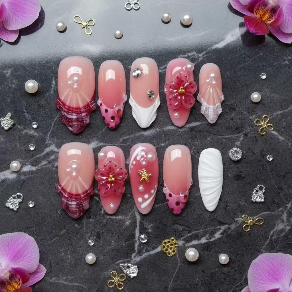 MikaJayboo Medium Almond Handmade Press on Nails Pink Summer Fake Nails with 3D Flower Shell Starfish Pearl for Women Glue on Nails for Daily Vacation 10Pcs(Size M)