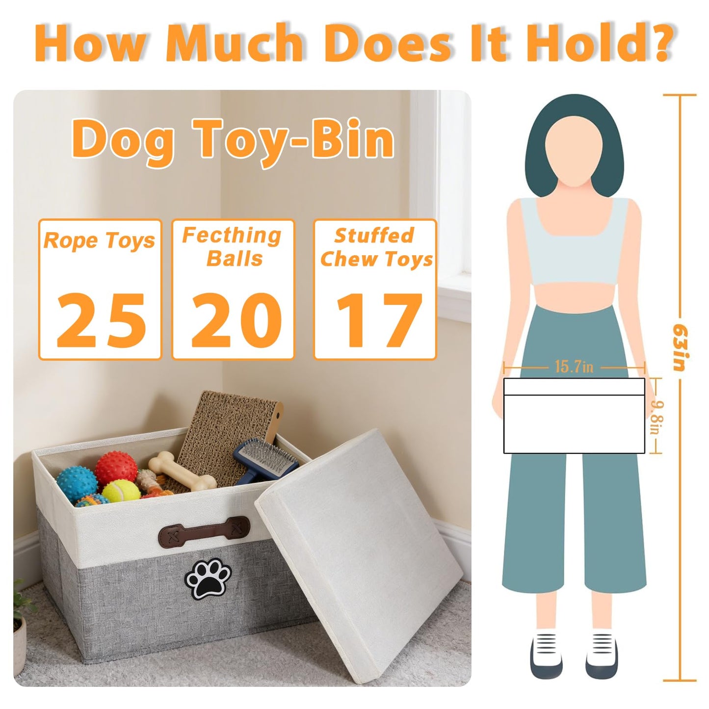 Brabtod Dog Toy Basket with Lid, Fabric Dog Toy Box with Handle, Collapsible Dogs Cat Toys Storage Bins,Pet Storage and Orgnizer-White/Gray