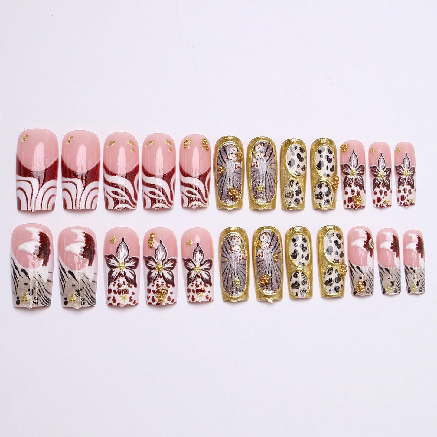 MISUD Press on Nails - Long Square Fake Nails with Brown Flower Cheetah, Acrylic Gold Chrome Design 24 pcs