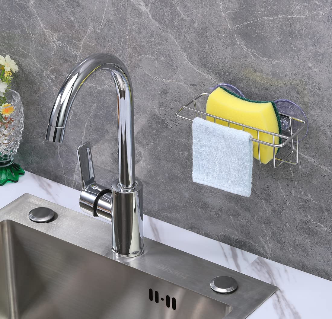 TESOT Sink Caddy Sponge Holder for Kitchen Sink Dish Cloth Hanger 2 Suspension Options(Suction Cups and Adhesive Hook), SUS304 Stainless Steel, Silver