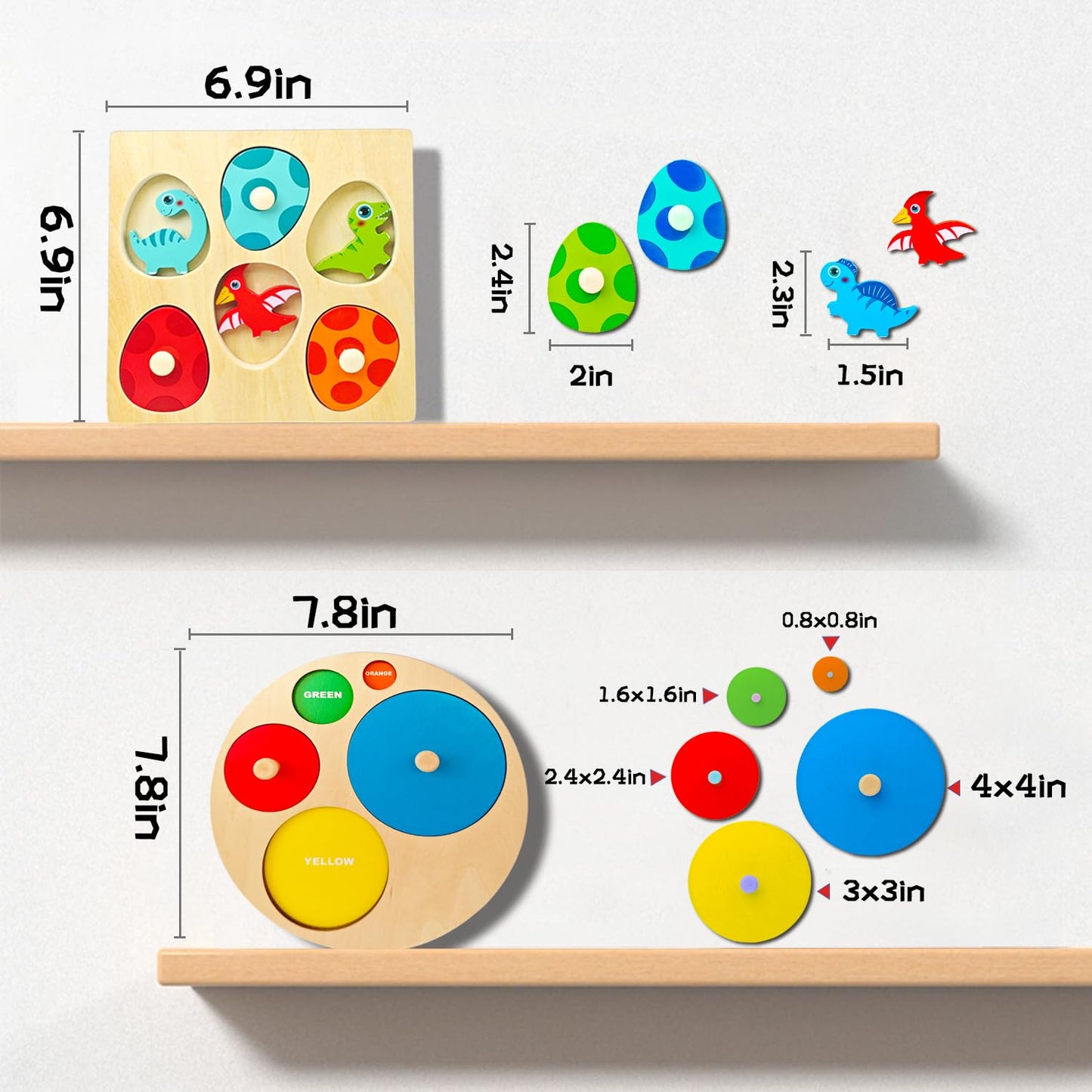 Tucimibo Dinosaur Matching Eggs Multi-Layer Wooden Peg Puzzles, Sorting & Stacking Montessori Early Educational Learning Shape Toys for Preschool Boys & Girls, Christmas Birthday Gifts for Toddlers