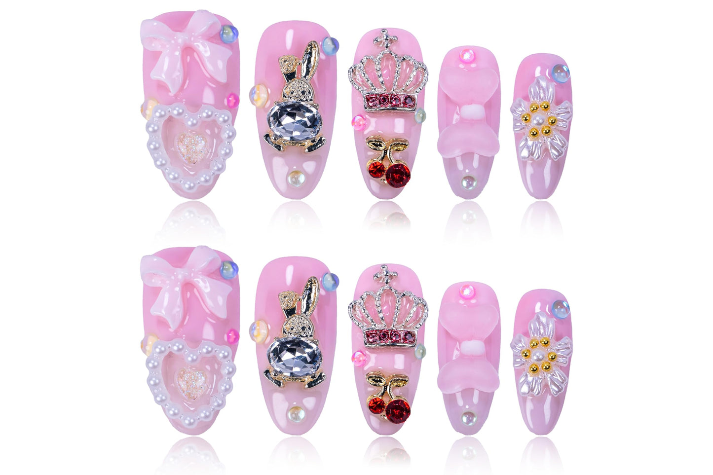 24Pcs Handmade Press on Nails,3D Pink Bow Medium Length Almond Shape Fake Nails with White Flower,Cute Manicure Kit for Women and Girls