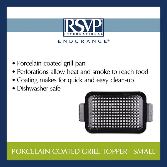 RSVP International Porcelain Coated Steel BBQ Grill Tray/Pan, Outdoor Barbeque Grilling Accessories for Cooking Fish & Vegetables, Dishwasher Safe, Small, 13x7.25"