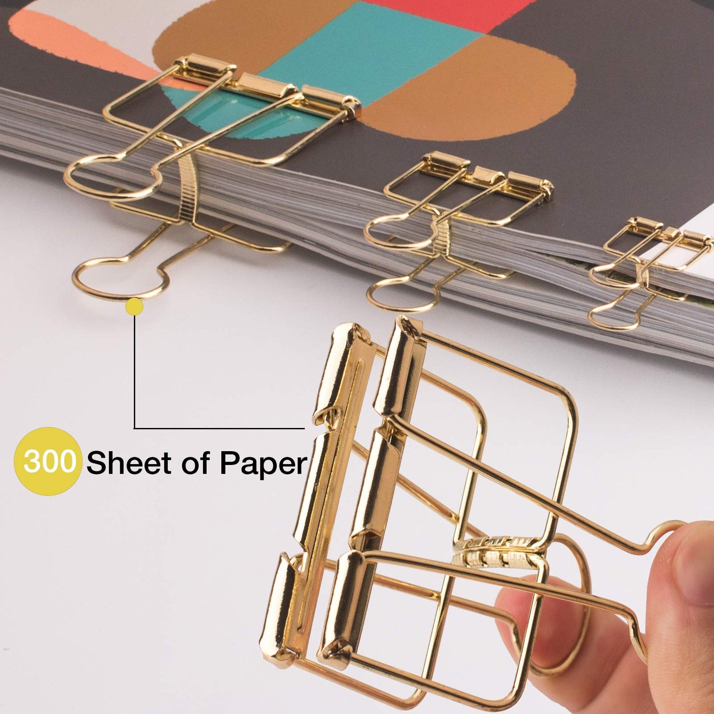 18 Pcs Gold Wire Binder Clips and 20 Pcs Cute Paper Clips Set Assorted Sizes, 2 Big 6 Medium 10 Small Smooth Steel Hollow Office Clamp Clips