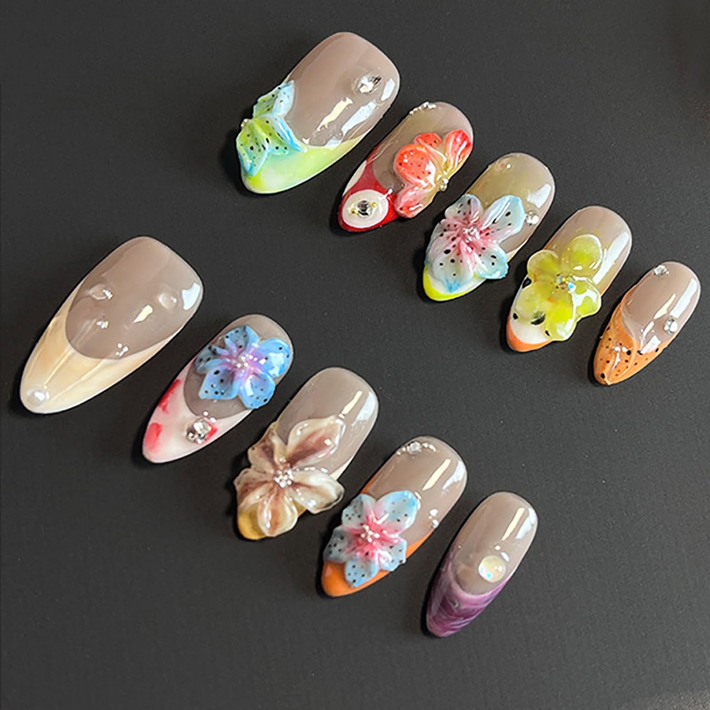 Luxury Press on Nails Medium Almond Handmade 3D Unique Reusable ABS Material Fake Nails French Tip False Nails with Designs Flower Rhinestones Art Petal Glossy Glue on Nails Thick Acrylic Nails(S)