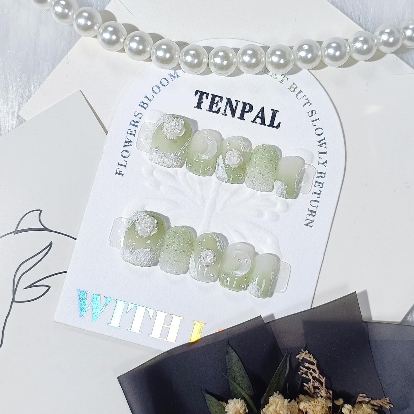 TENPAL Matte Gypsum Green Nails Handmade Press on Nails Short Square Acrylic Fake Nails with Camellia Moon Designs 10pcs/box Full Cover Artificial False Nails Sweet Cute Glue on Nails(M)