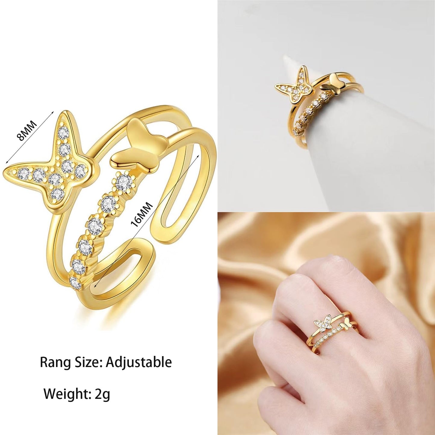 JONAYUOV 18k Gold Plated Adjustable Butterfly Ring Cubic Zirconia Simulated Diamond Ring for Women (Gold F)
