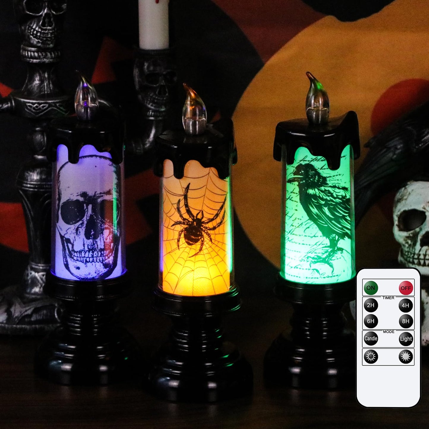GenSwin Halloween Black Flameless Candles Light, 3 Pack LED Battery Operated Candles with Remote Timer, Table Centerpiece for Halloween Decorations(Skulls, Spiders, Crows)