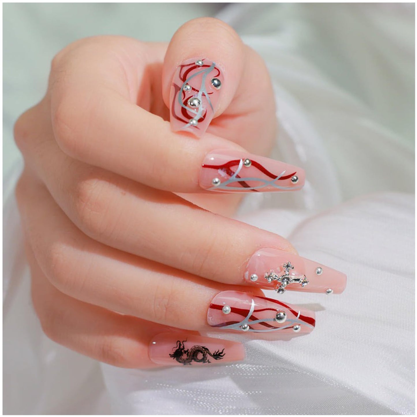 GALSPRO Long Press on Nails - Set of 24 Fake Nails with Designs in 12 Different Sizes for Perfect Fit, Cute False Nails Kit for Women with 0.07oz Nail Glue, A Double Sided Nail File & Cuticle Stick