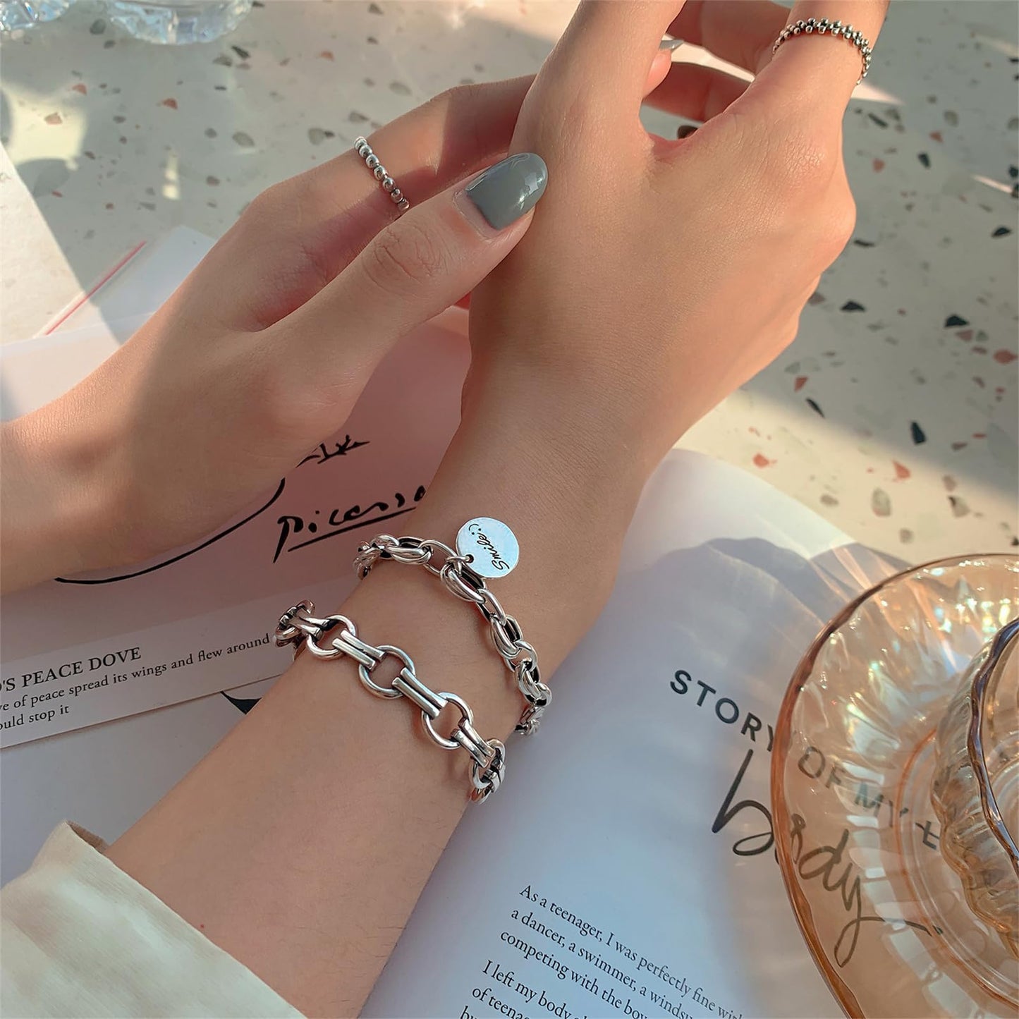 Handmade 925 Sterling Silver Bangle Bracelets For Women Men Round Chain Link Bangle Bracelets Dual Layered Hollow Cuff Bangles Open Adjustable Bangle Bracelets For Women Simple Silver Bangles Gifts