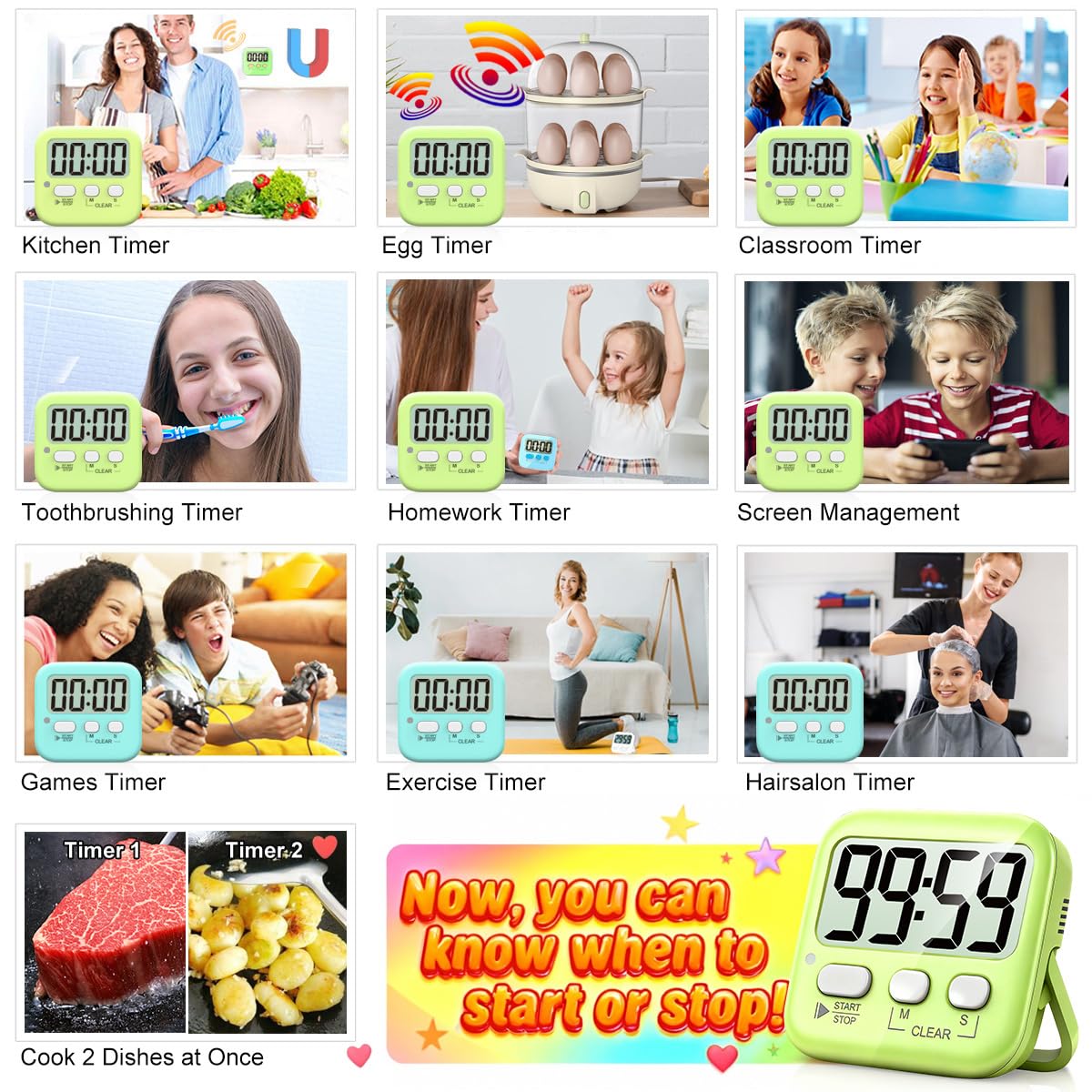 Antonki 2 Pack Digital Timer for Kids, Magnetic Countdown Kitchen Timers for Cooking, Egg, Classroom, Teacher, Exercise, Study, Oven - Battery Included