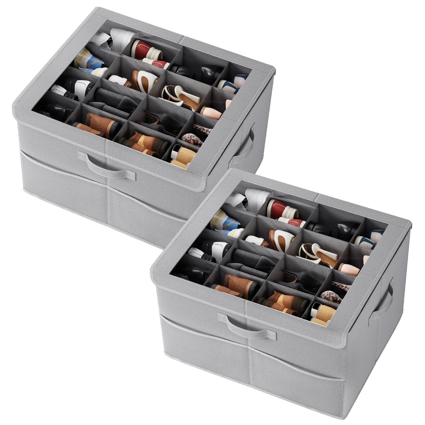PHINOX Shoe Organizer for Closet, Fits up to 16 Pairs, Shoe Storage Bins with Clear Cover and Reinforced Handles, Foldable Shoe Storage Organizer, Space Saving Shoe Holder for Wardrobe, 2 Pack Grey