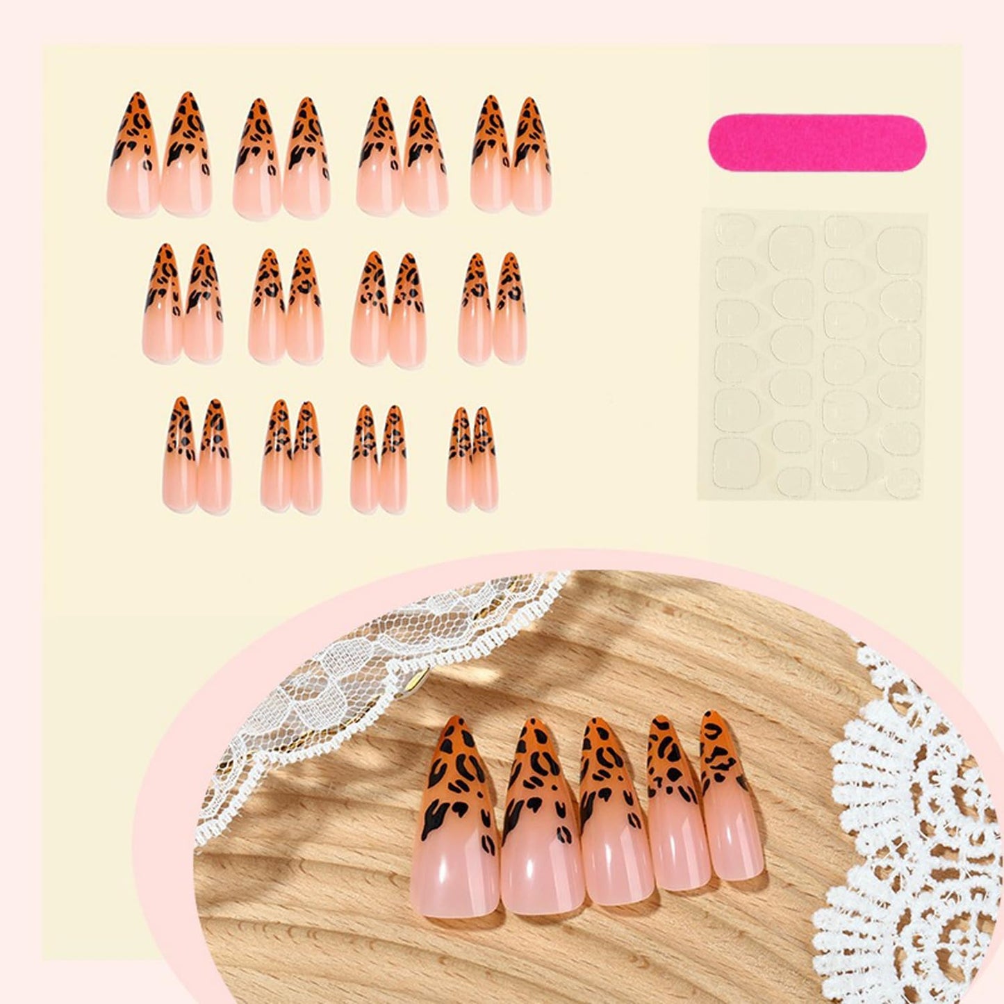 Stiletto Press On Nails Long Fake Nails Leopard Print With Gradient Design Reusable False Nail Artificial Acrylic Nail Full Cover Glossy Stick On Nail For Women 24pcs
