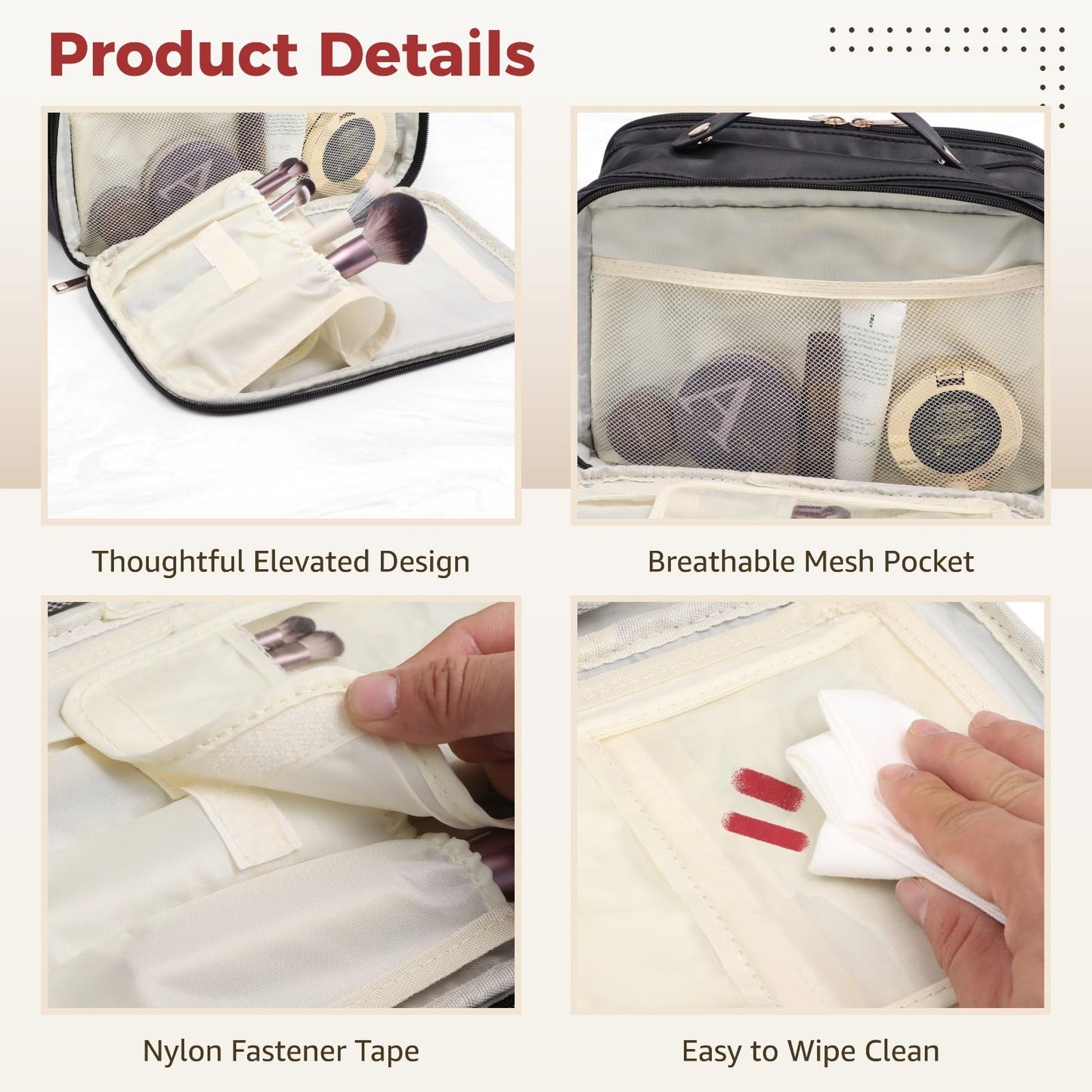 DORMIYA Black Travel Makeup Bag for Women - Large Capacity Cosmetic Organizer, Multi-Layer Toiletry Bag with Handle, Waterproof PU Leather Portable Makeup Zippered Case with Standing Brush Holder