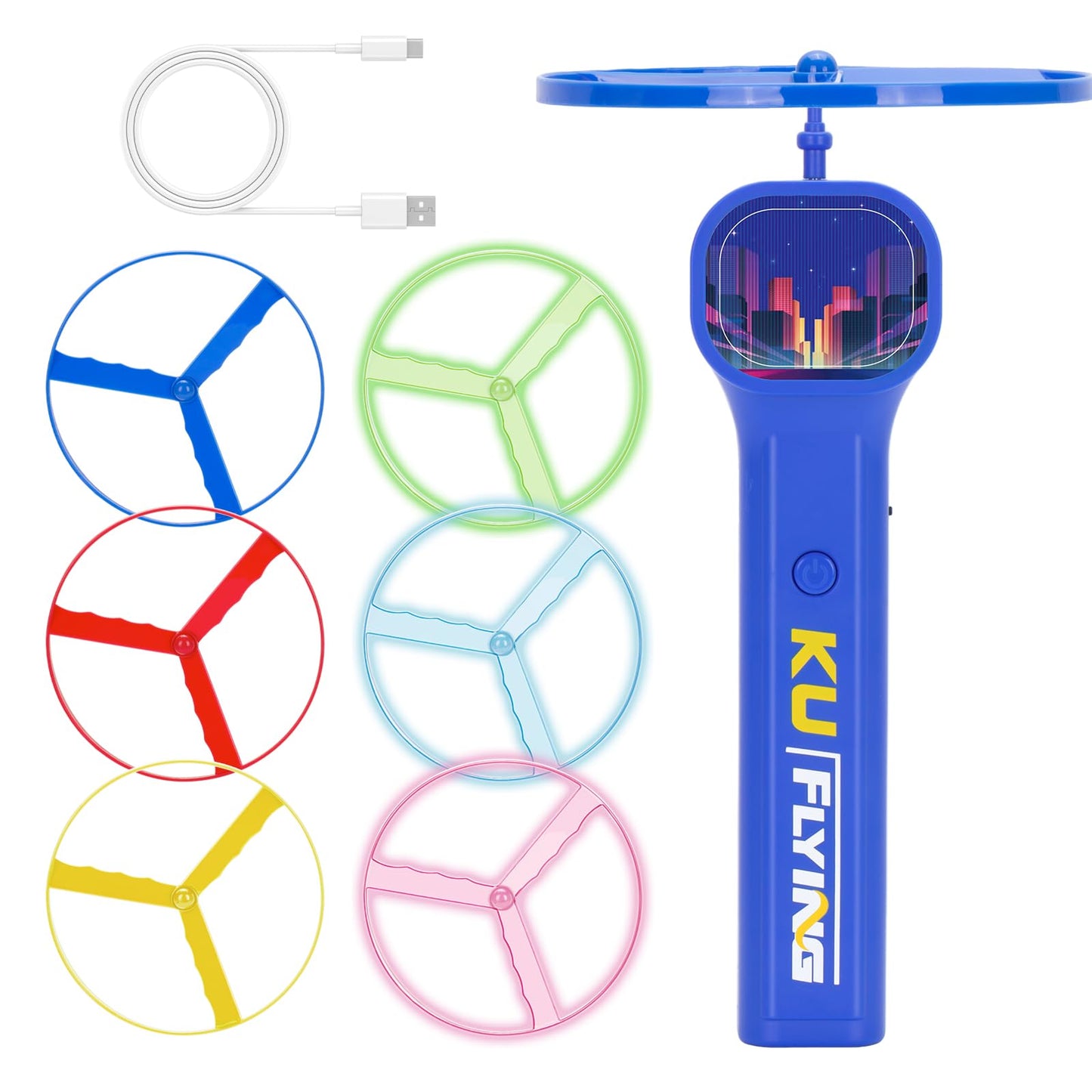 HOMQYTE Rechargeable Disc Launcher with 6 Flying Spinners for Outdoor Activities Game White Elephant Gift Fidget Toys (Blue)