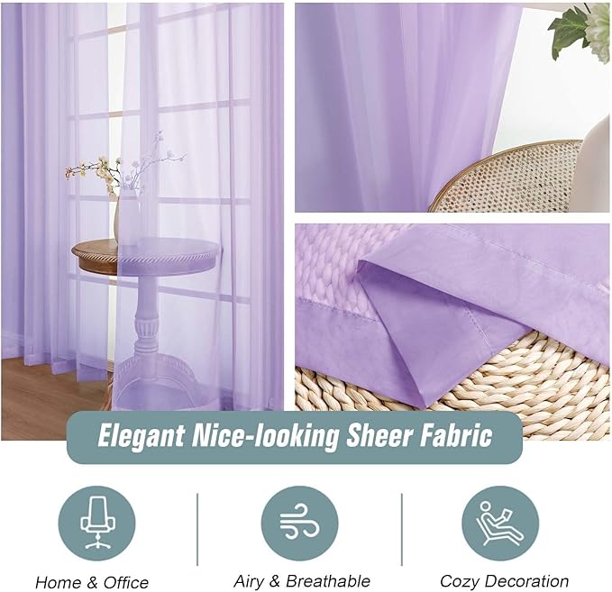 Window Sheer Curtains 54 inch Length, Soft Airy Light Filtering Sheer Curtain 2 Panels Set, Dual Rod Pocket Gauze Drapes for Living Room Bedroom, Lavender, 2x42Wx54L Inches