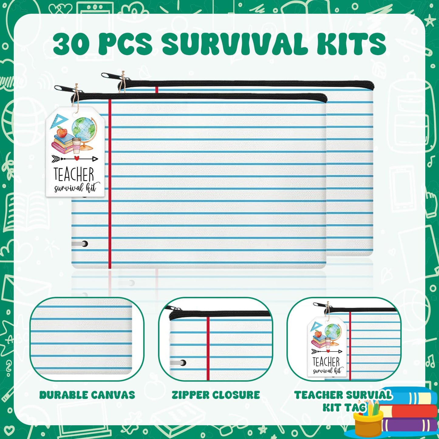 30 Set Teacher Survival Kit Supplies Includ Makeup Bag Card and Hemp Rope Appreciation Gifts for Teachers' Day Valentine's Day Back to School and First Day of School
