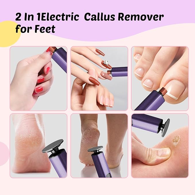 Electric Foot Callus Remover - 9-Speed Rechargeable Pedicure Tool with 20pcs 80/120 Grit Sandpapers +10 Grinding Heads | Aluminum Body & Type-C Charging (Purple)