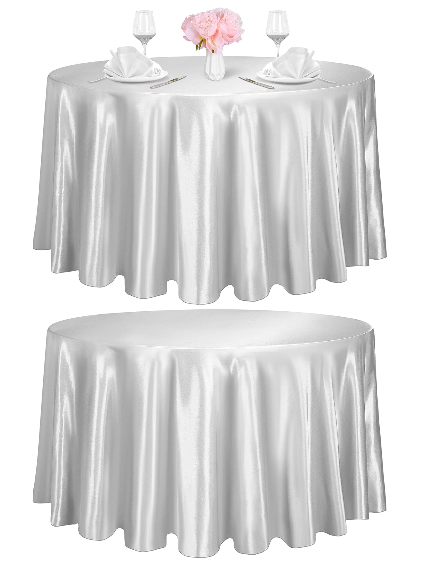 TURSTIN 2 Pieces Round Satin Tablecloth 120 Inches Overlay Table Cover Smooth Fabric Table Decor Bright Silk Tablecloth for Holiday Dinner Wedding Banquet Table Decoration (Light Silver)