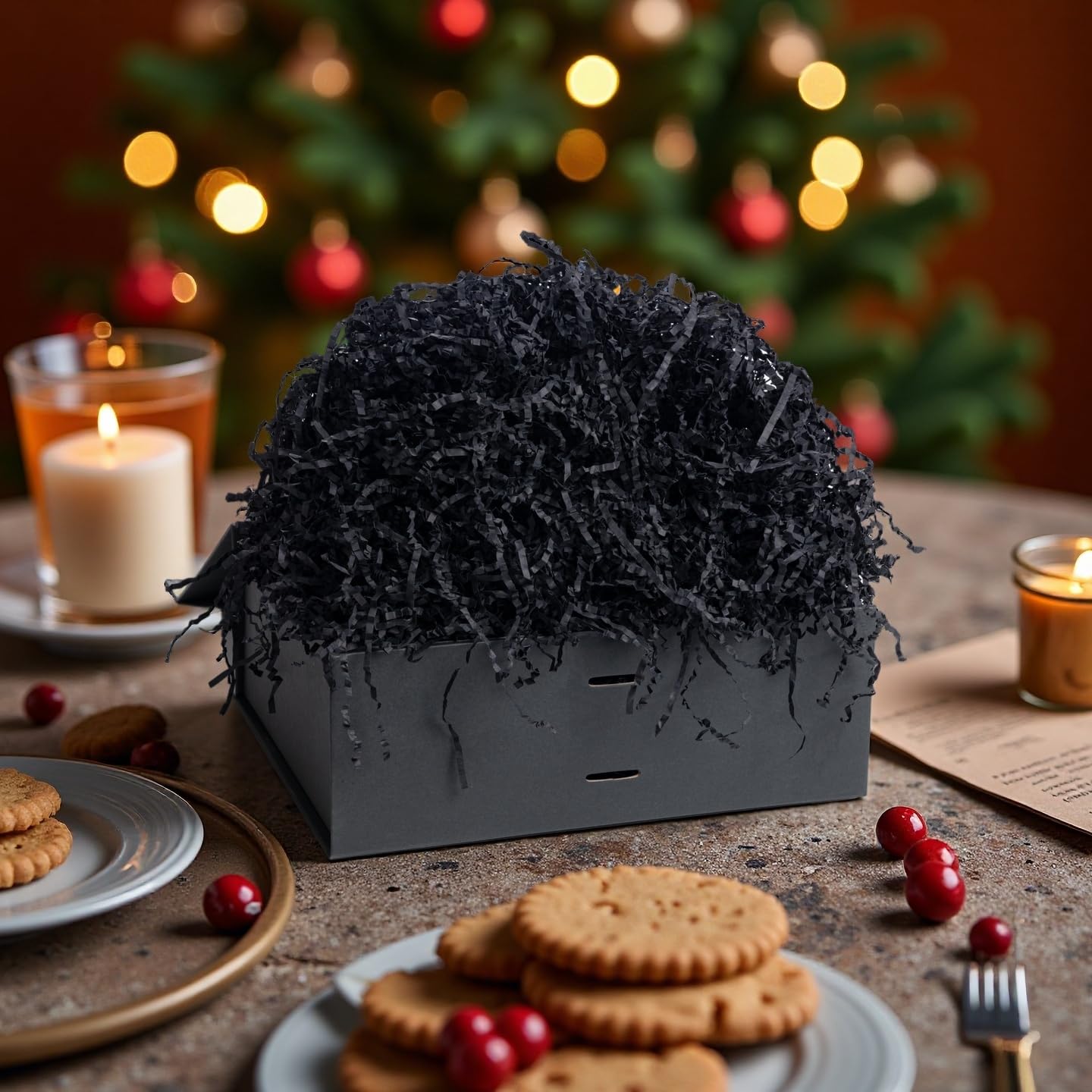 SWANGSA 2.5 LB Crinkle Cut Paper Shred Filler for Gift Baskets, Shreded Stuffing, Packing Grass Cushion Paper Streamer for Weddings, Halloween, Christmas, Birthdays (Black)