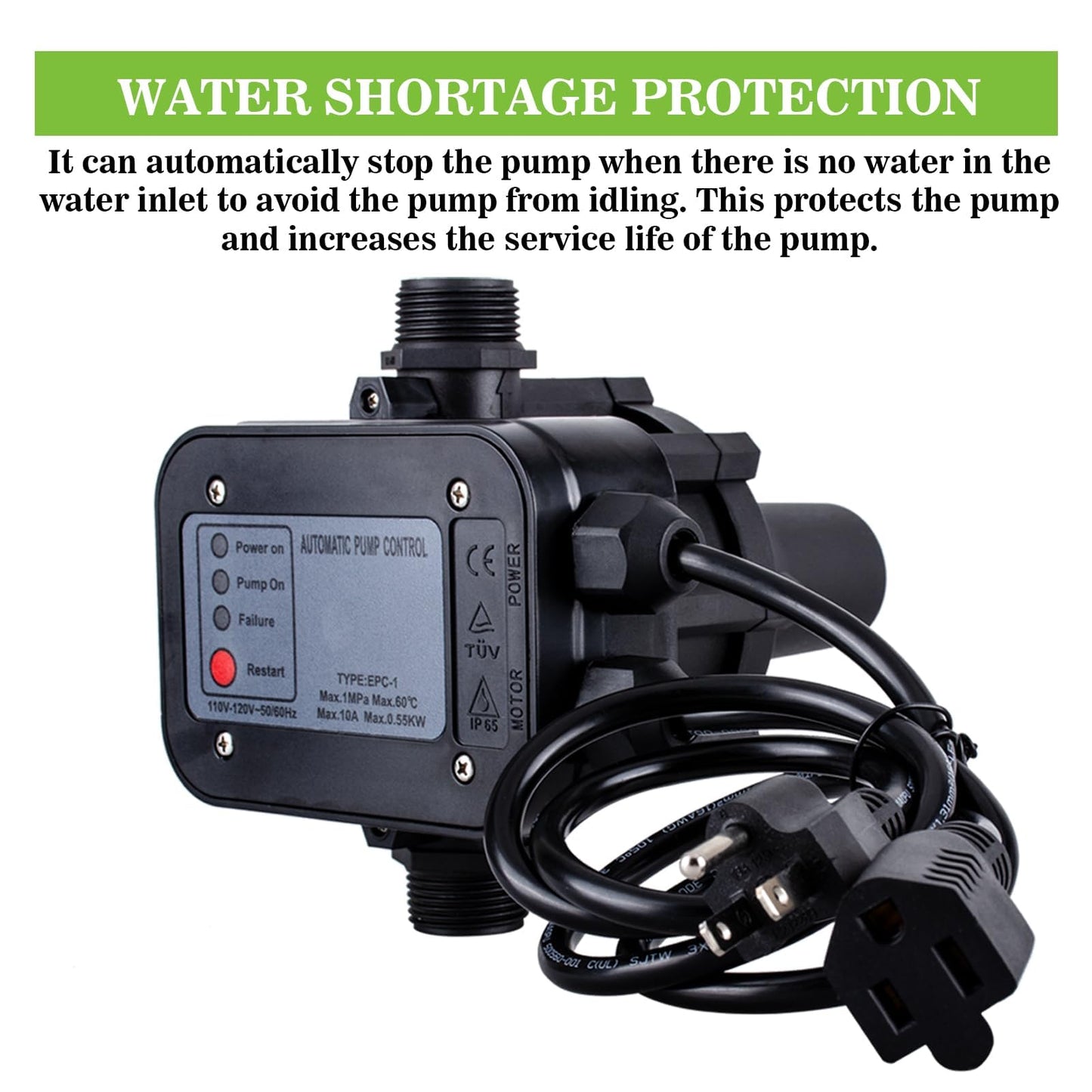 MARSTEK IP65 Automatic Water Pump Controller，Water Pump Pressure Switch Water Flow Sensor Switch Electronic Pump Pressure Regulator for Self-priming Pump，110V-120V~50/60Hz