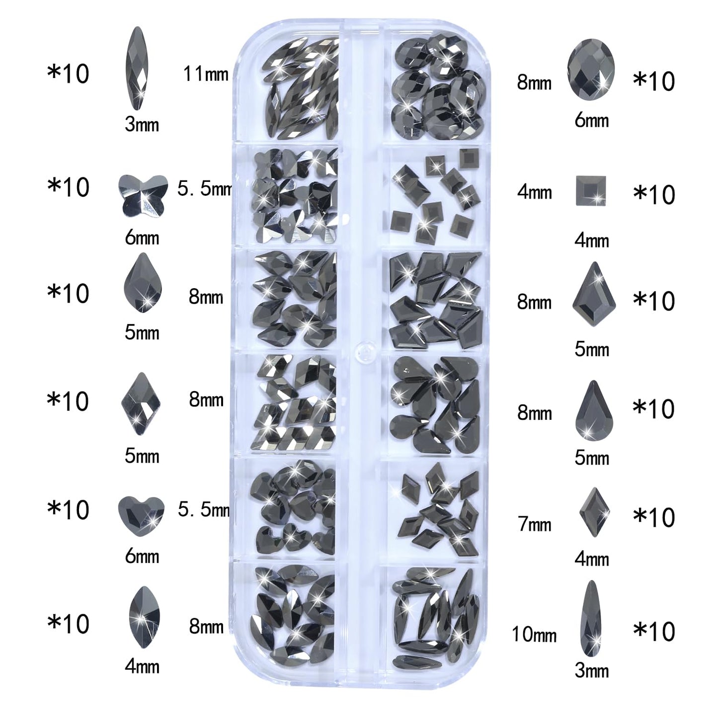 Nail Rhinestones - 3D Multi Shape Size, Flat Back, Crystals Manicure Rhinestones Charms, Mineral Gray Nail Gems, with Kit, for Nail Art, Bedazzling Acrylic Nails, DIY Decor