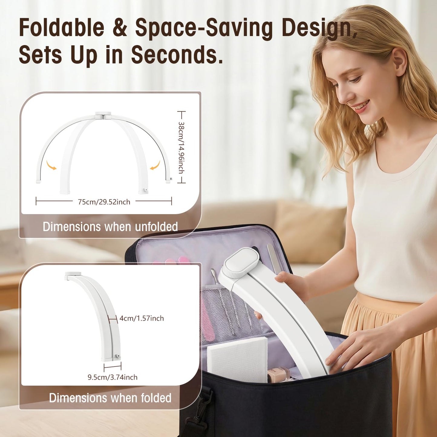 LIONVISON Half Moon Light for Desk: 29" Foldable Nail Light for Desk with Phone Holder - 3000K-6500K 3 Color Modes 10 Brightness for Salon Nail Technicians & Home DIY Manicure Enthusiasts (White)
