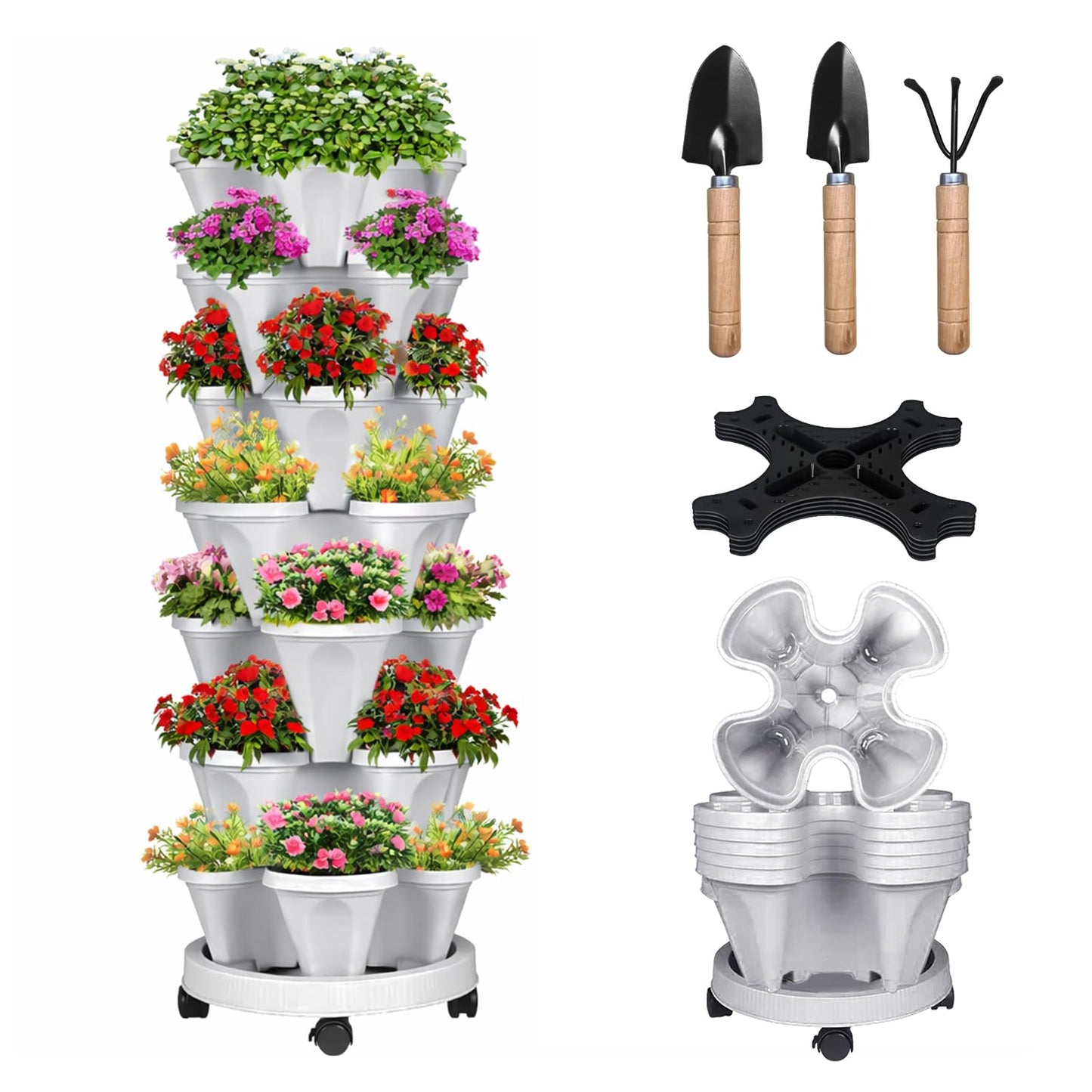 Bociks Vertical Strawberry Planter 7 Tier Stackable Tower Herb Planters-Stacking Garden Outdoor Grey Planter Pot with Tools Mover for Succulents, Vegetables and Flowers