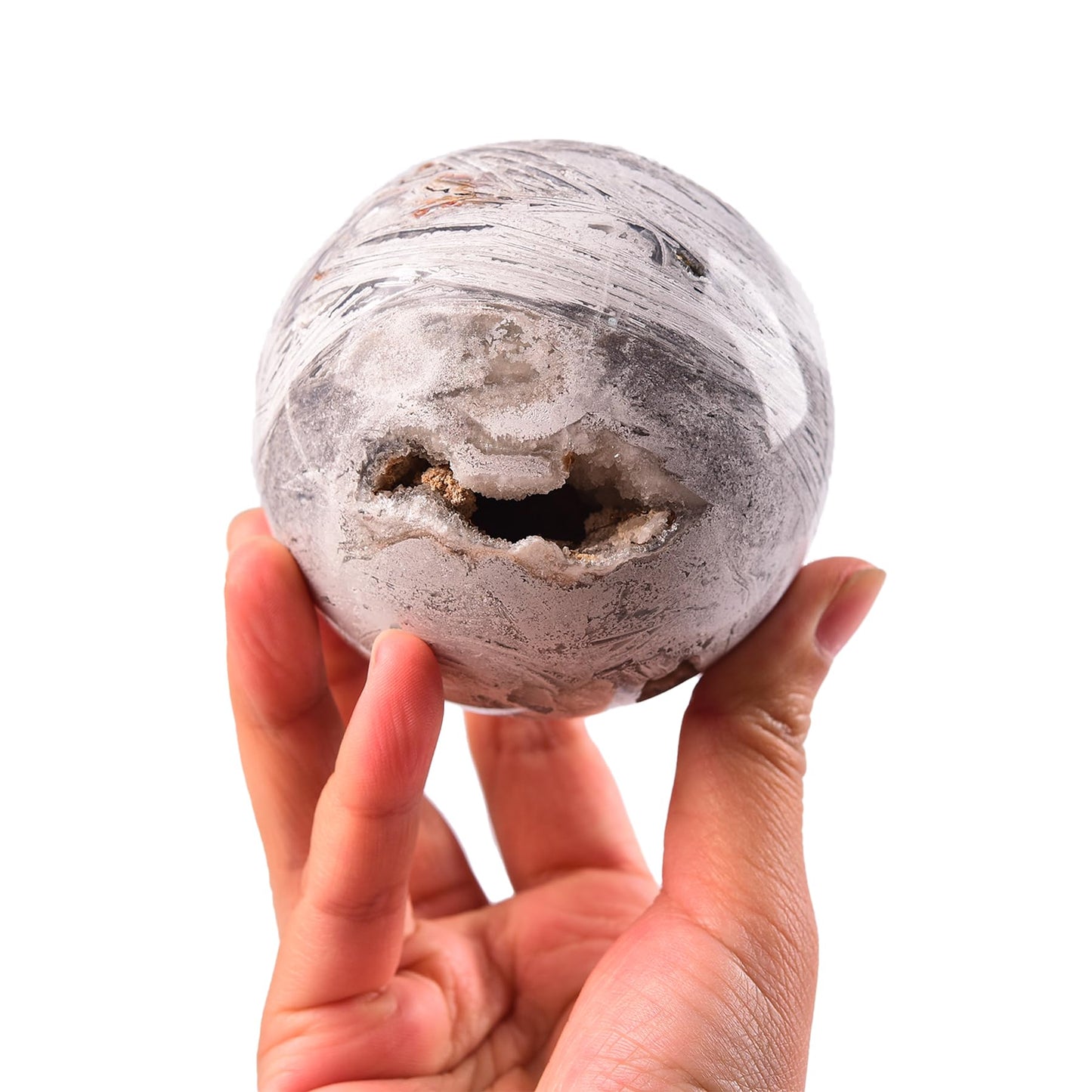 JIC Gem Natural Mexican White Agate Crystal Sphere with Wooden Stand Decorative Crystal Ball White Gemstone Sphere for Meditation,Feng Shui,Witch-Style Decor,Table 70-80mm