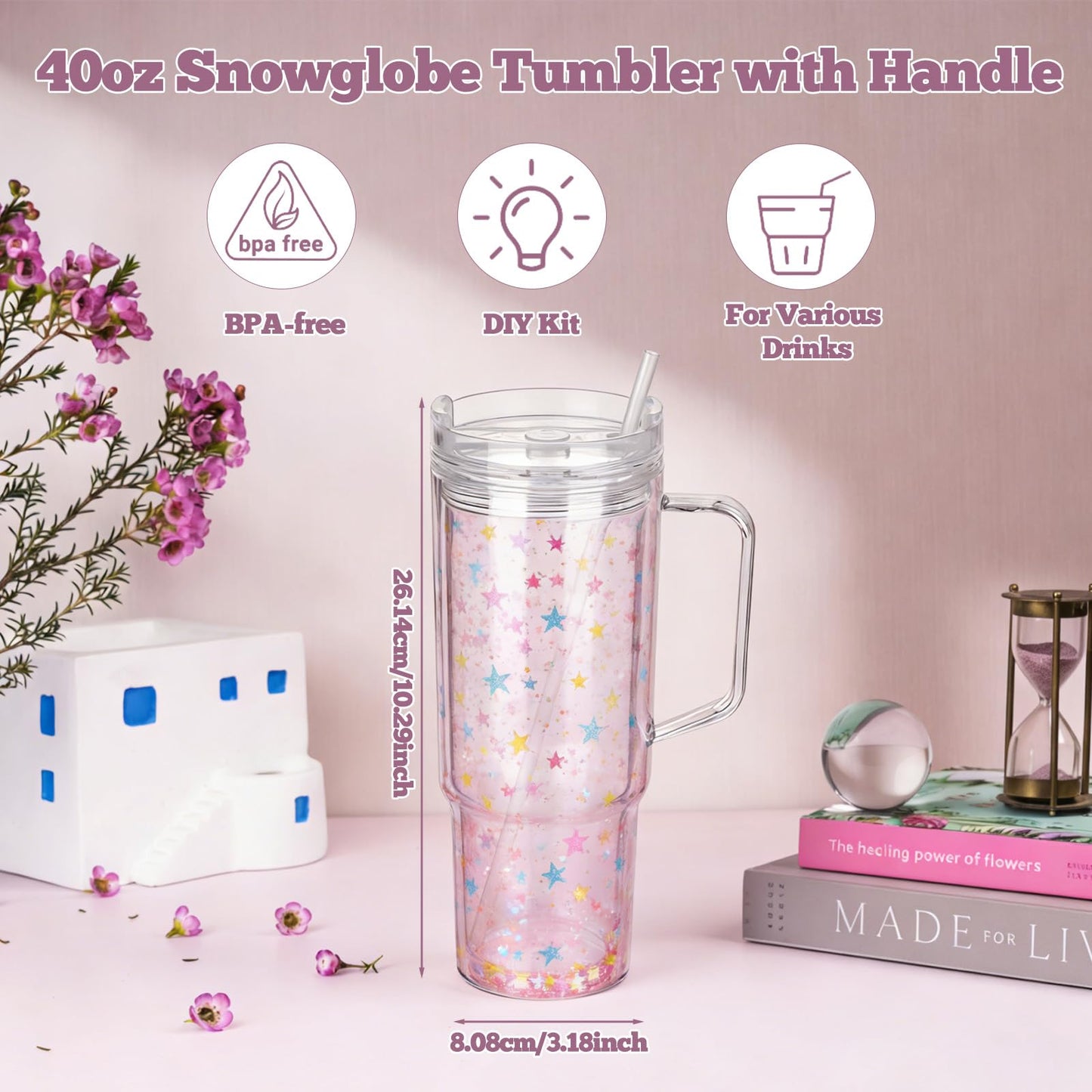 40 Oz Snow Globe Tumbler Supplies 4 Pack Acrylic Snowglobe Tumblers Cups with Handle Clear Pre-Drilled Double Wall Snow Globe Tumbler Starter Kit for DIY Glitter Tumblers