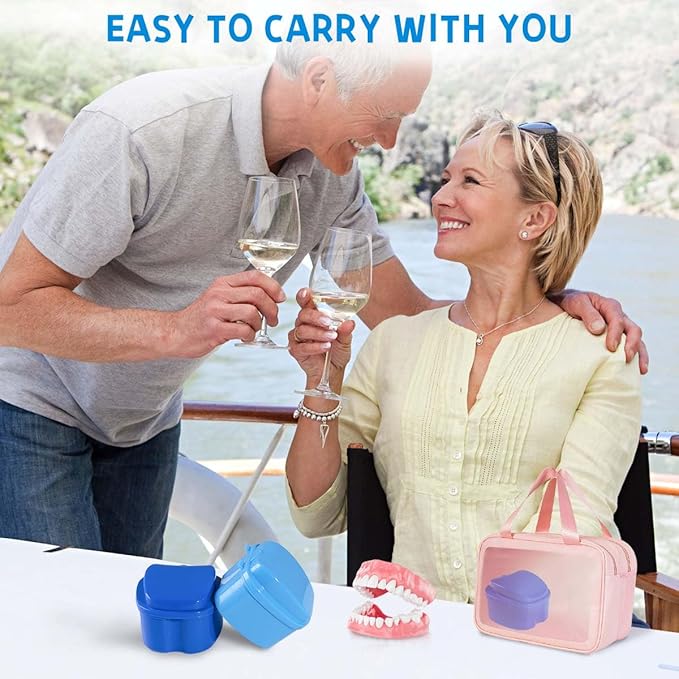 White Denture Bath Case Cup Box Holder Storage Soak Container with Strainer Basket for Travel Cleaning