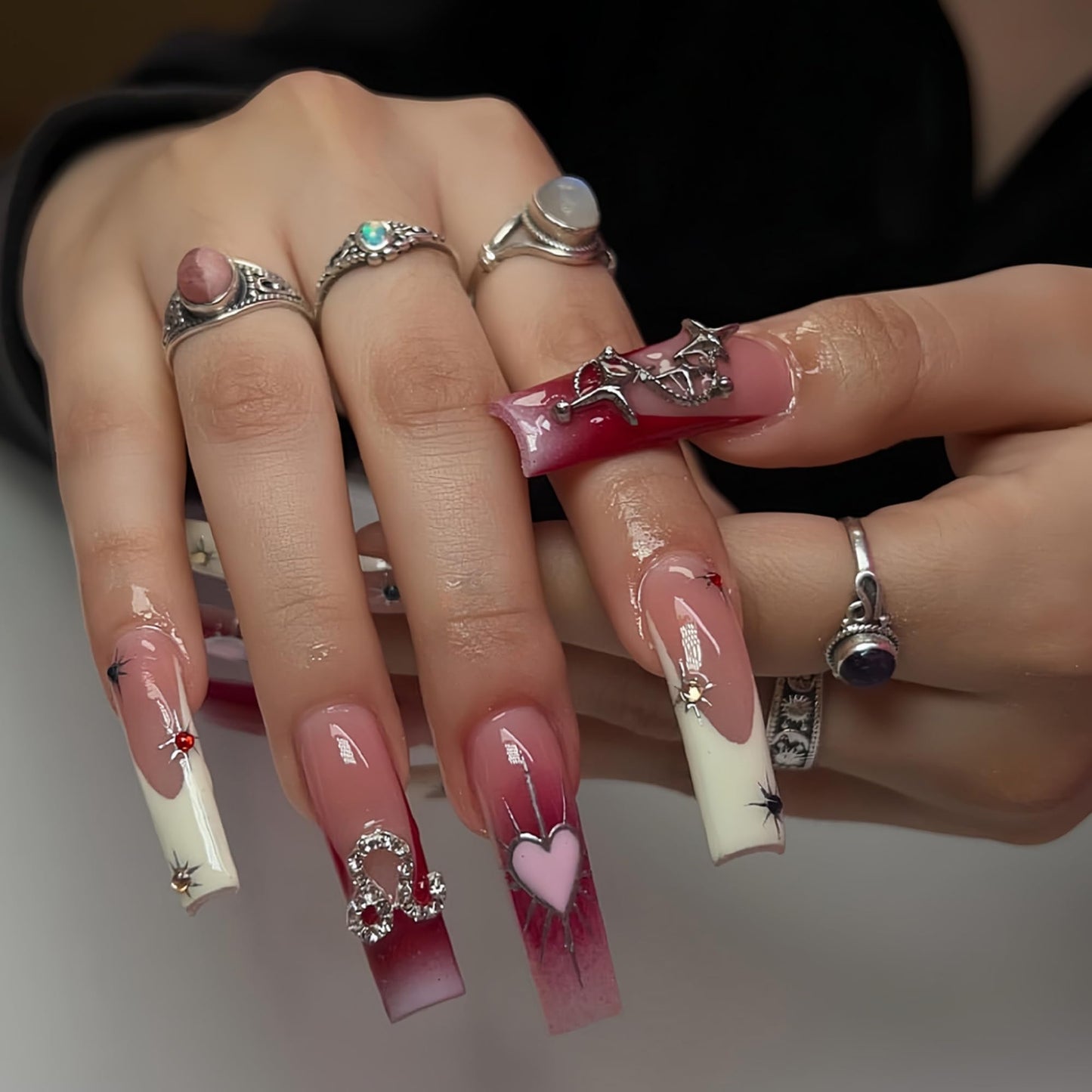Long Press on Nails Square Fake Nails Pink Gradient Artificial Nail Heart and Silver Charm Designs Extra Long Stick on Nail for Women 24pcs