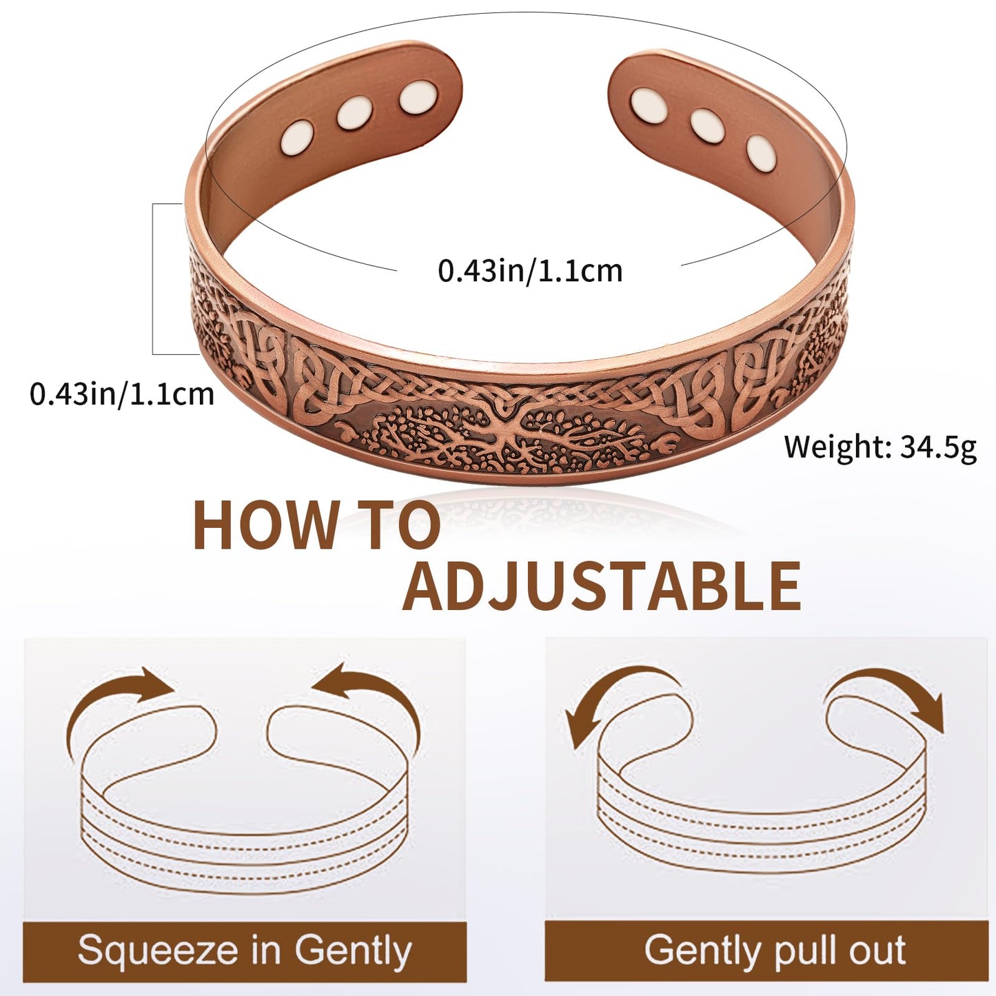 99.99% Pure Copper Magnetic Bracelet for Women, Adjustable Cuff Bangle with 3500 Gauss Neodymium Magnets, Vintage Flower Design (Copper)