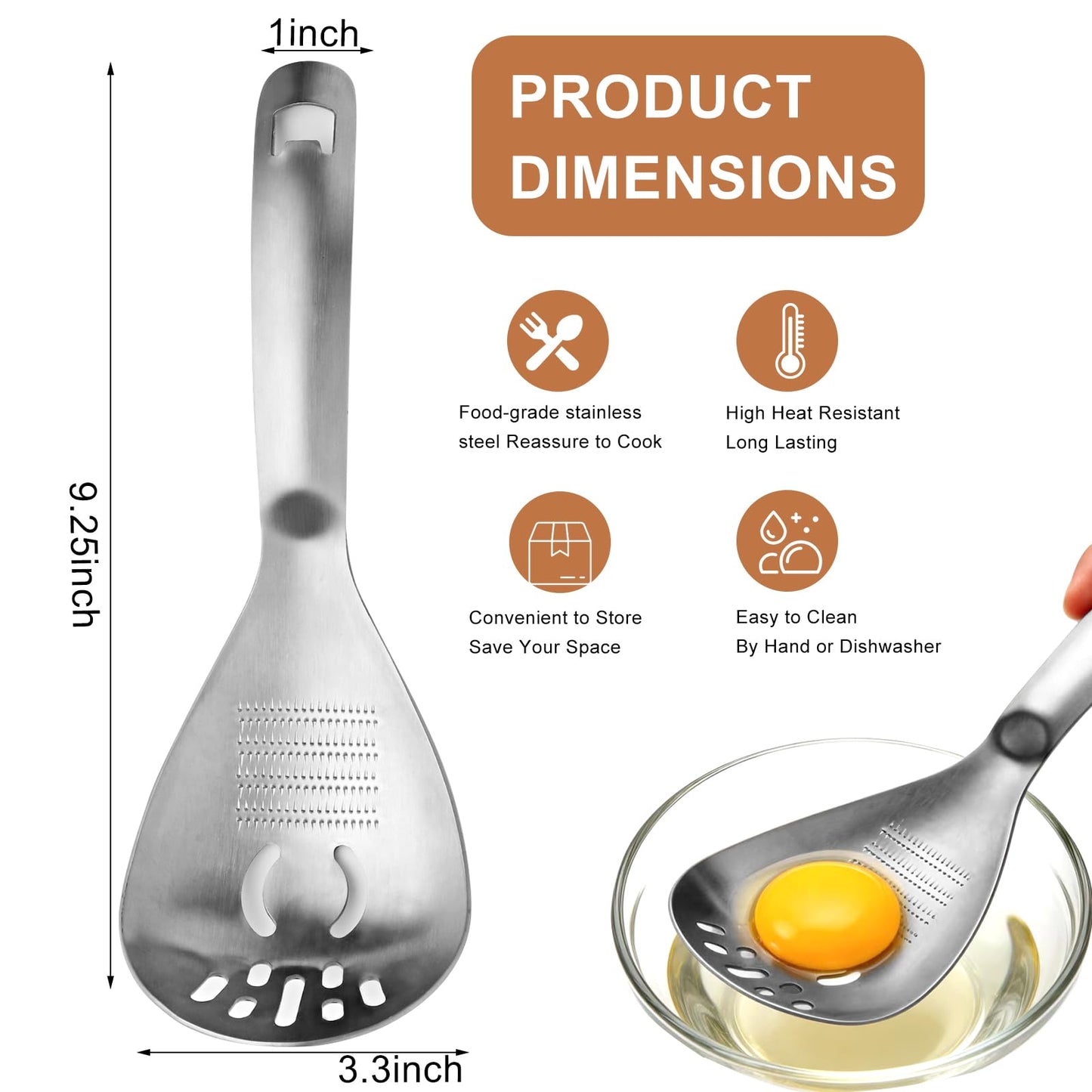 SQKM 5 in 1 Spoon Solid, Meat and Potatoes Smasher, Egg Yolk Separator, Potato Masher, Bottle Opener, 18/8 304 Stainless Steel, Heat Resistant for Mixing Stirring, Kitchen & Camping