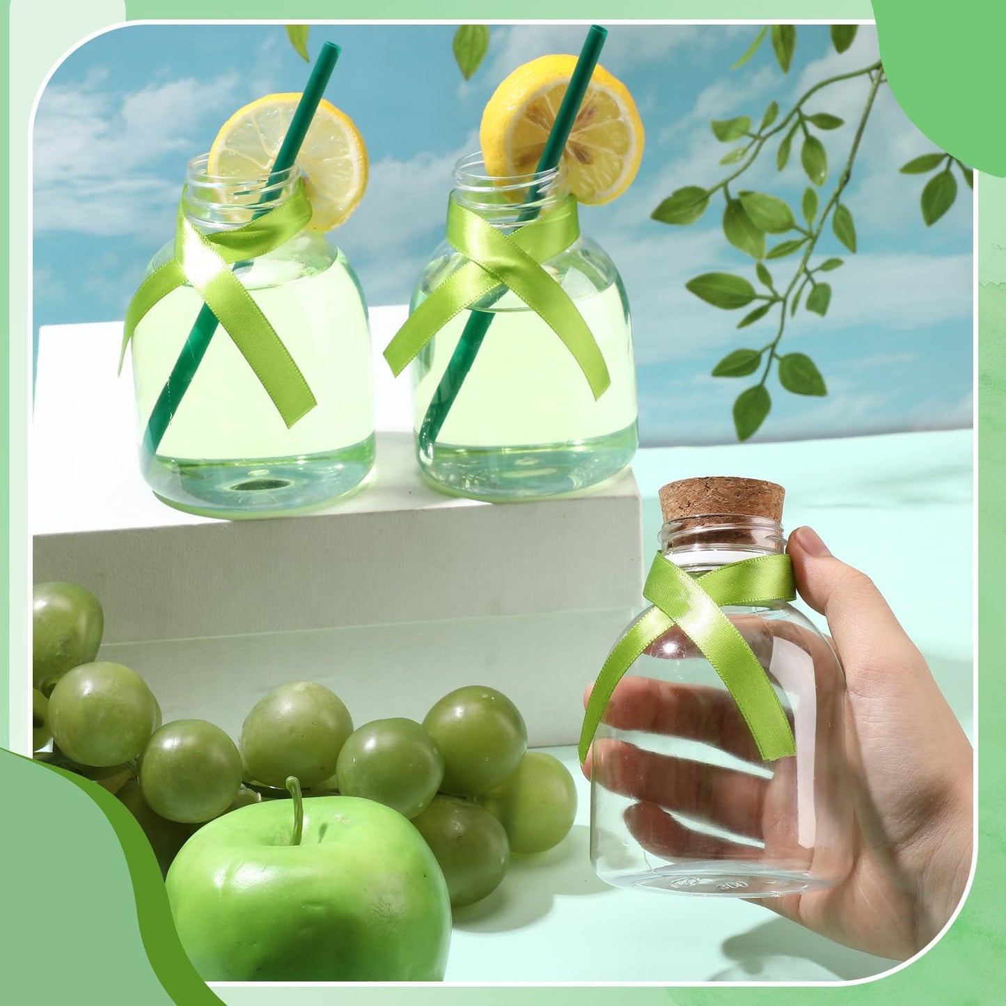 Vesici 24 Pcs Plastic Liquor Bottles with Cork and Straw Empty Juice Bottles for Drinks Reusable Mini Liquor Jar with Green Silk Ribbon for Wedding Party Personalized Decoration(10 oz)