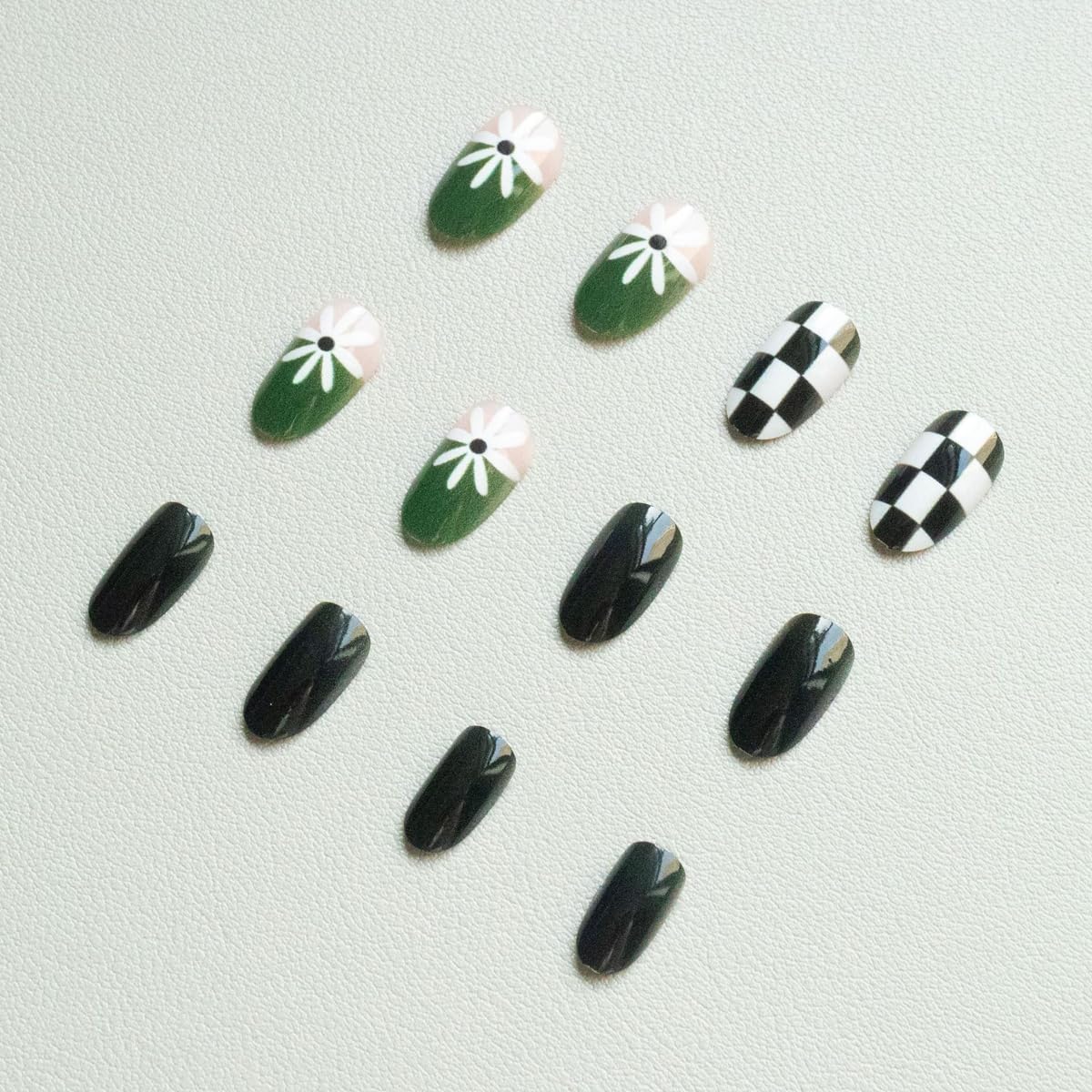 Spring Press on Nails Medium Oval Fake Nails Tortoiseshell False Nails Press ons with Flower, Checkered Design,Cute Reusable Artificial Nail Full Cover Stick on Nails for Women Manicure 24Pcs