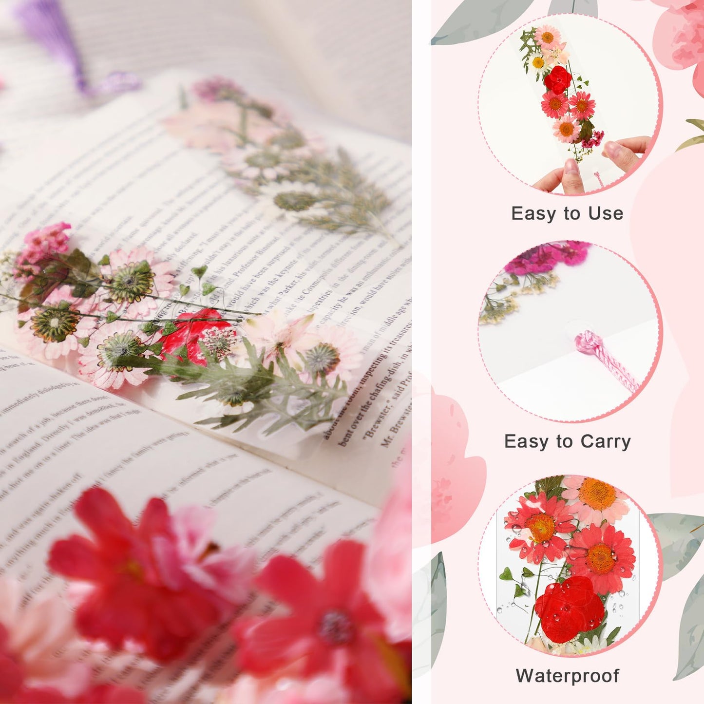 AmazingSpark 222 Pcs Dried Flower Bookmark Making Kit Include DIY Pressed Flower Colorful Tassels Ribbons and Transparent Bookmark Laminating Pouches 2 x 6 Inch(Pink)
